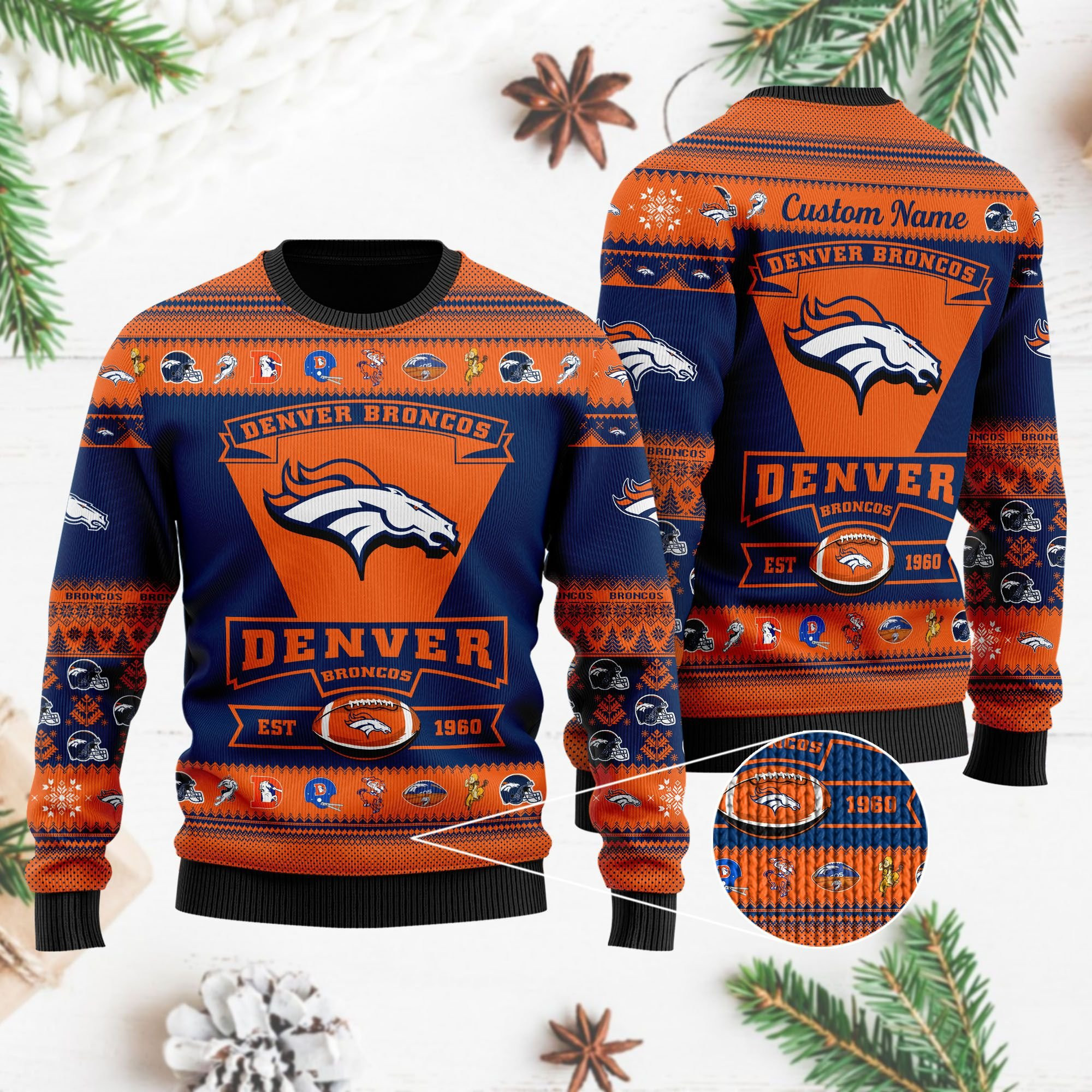 Denver Broncos Football Team Logo Custom Name Personalized Ugly Christmas Sweater Adult 3D Funny Matching for family