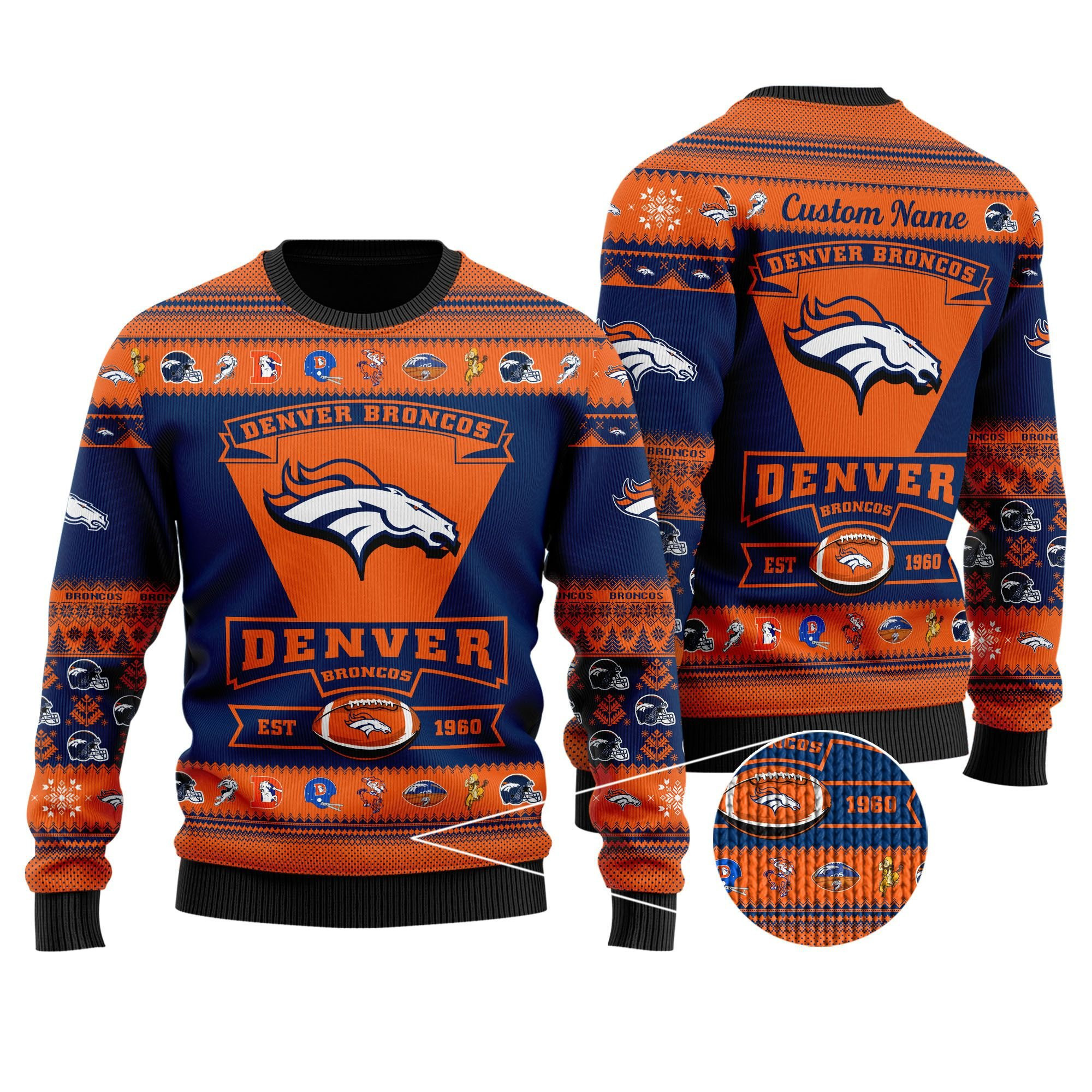 Denver Broncos Football Team Logo Custom Name Personalized Ugly Christmas Sweater Adult 3D Funny Matching for family - Image 2
