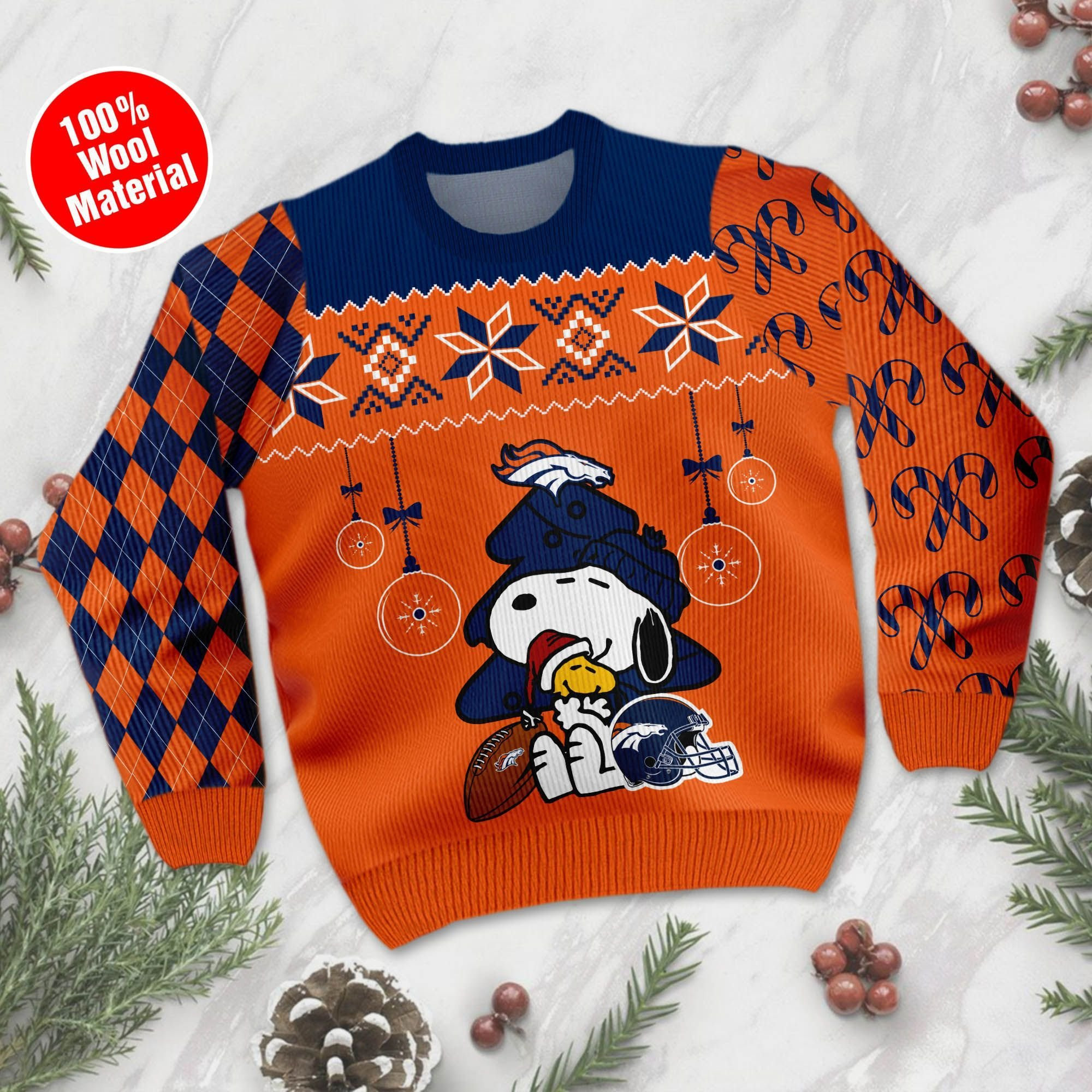 Denver Broncos Funny Charlie Brown Peanuts Snoopy Ugly Christmas Sweater Adult 3D Funny Matching for family - Image 2