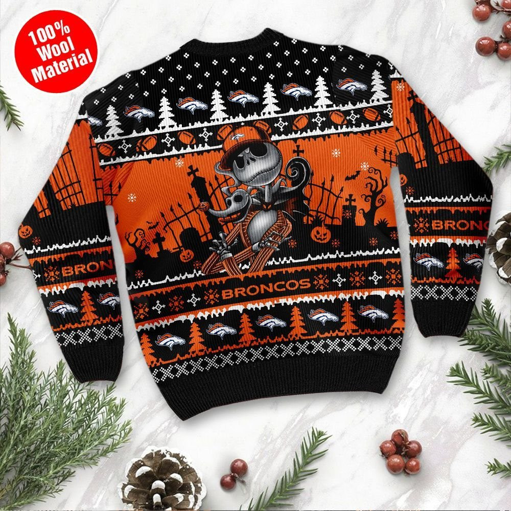 Denver Broncos Jack Skellington Halloween Ugly Christmas Sweater Adult 3D Funny Matching for family - Image 3