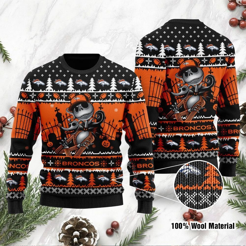 Denver Broncos Jack Skellington Halloween Ugly Christmas Sweater Adult 3D Funny Matching for family