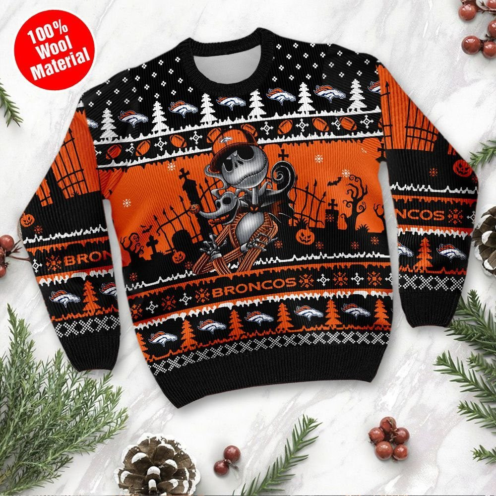 Denver Broncos Jack Skellington Halloween Ugly Christmas Sweater Adult 3D Funny Matching for family - Image 2