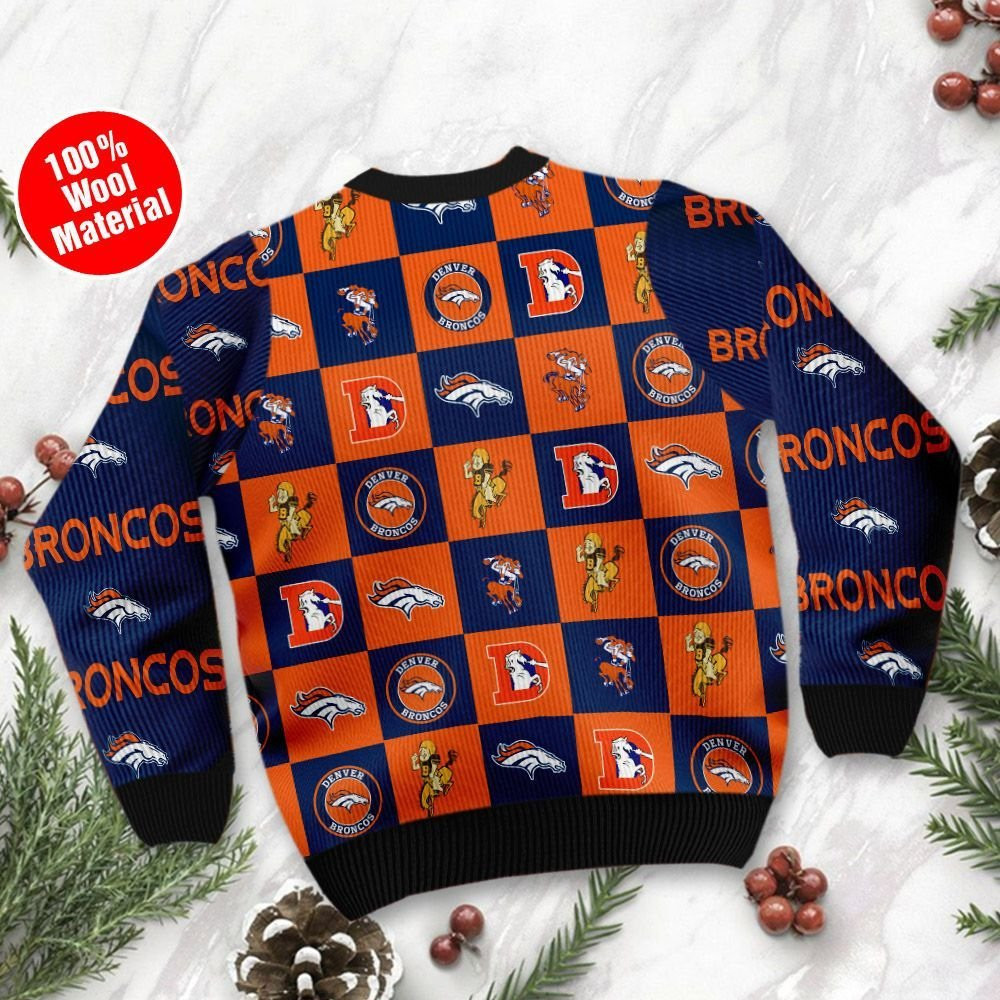 Denver Broncos Logo Checkered Flannel Design Ugly Christmas Sweater Adult 3D Funny Matching for family - Image 3