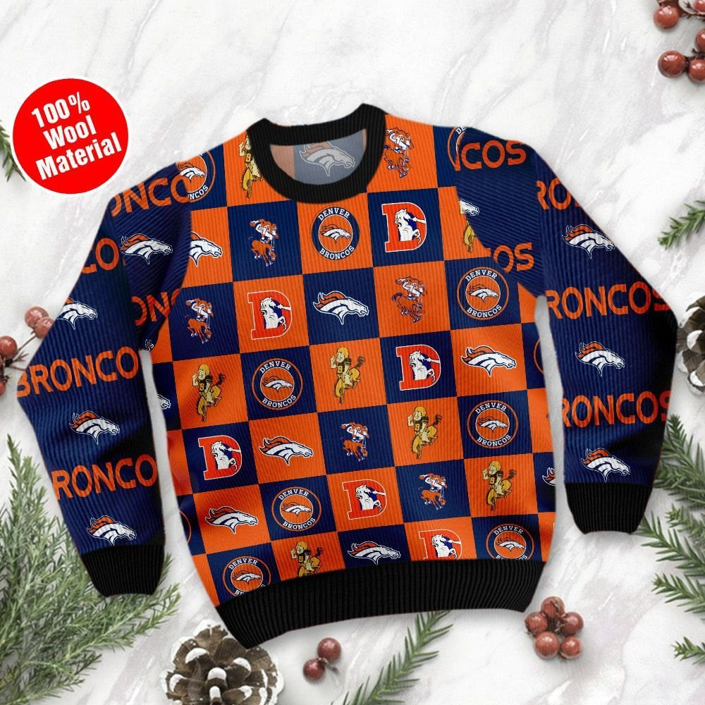 Denver Broncos Logo Checkered Flannel Design Ugly Christmas Sweater Adult 3D Funny Matching for family - Image 2