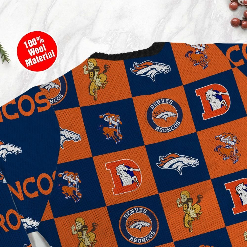 Denver Broncos Logo Checkered Flannel Design Ugly Christmas Sweater Adult 3D Funny Matching for family - Image 5