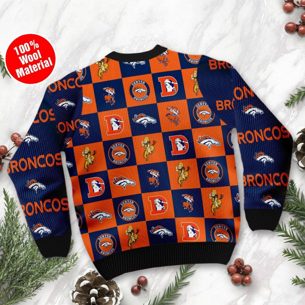 Denver Broncos Logo Checkered Flannel Ugly Christmas Sweater Adult 3D Funny Matching for family - Image 3