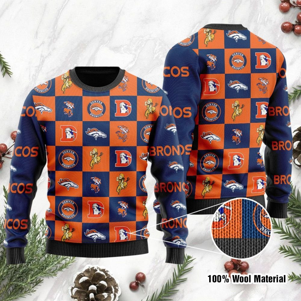 Denver Broncos Logo Checkered Flannel Ugly Christmas Sweater Adult 3D Funny Matching for family
