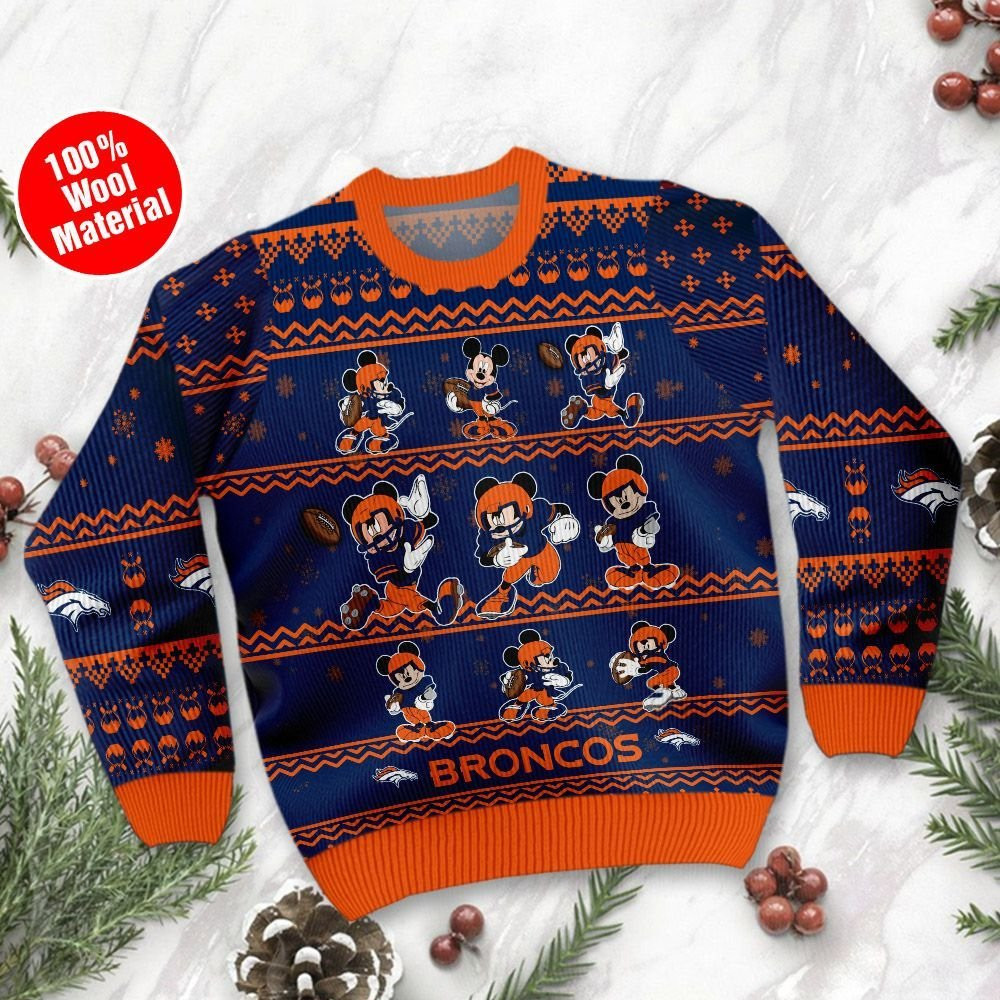 Denver Broncos Mickey Mouse Holiday Party Ugly Christmas Sweater Adult 3D Funny Matching for family - Image 2