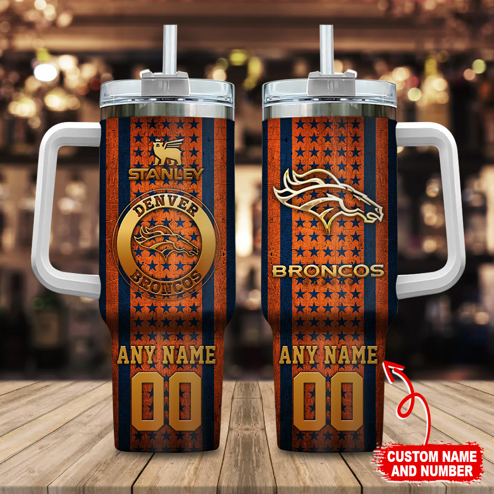 Denver Broncos NFL Golden Logos US Flag Custom Stanley Cup 40 oz 30 oz Tumbler With HandleTVC230180