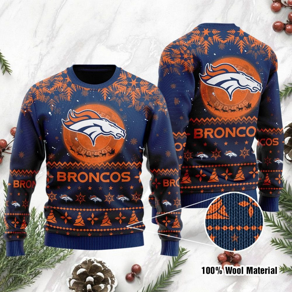 Denver Broncos Santa Claus In The Moon Ugly Christmas Sweater Adult 3D Funny Matching for family