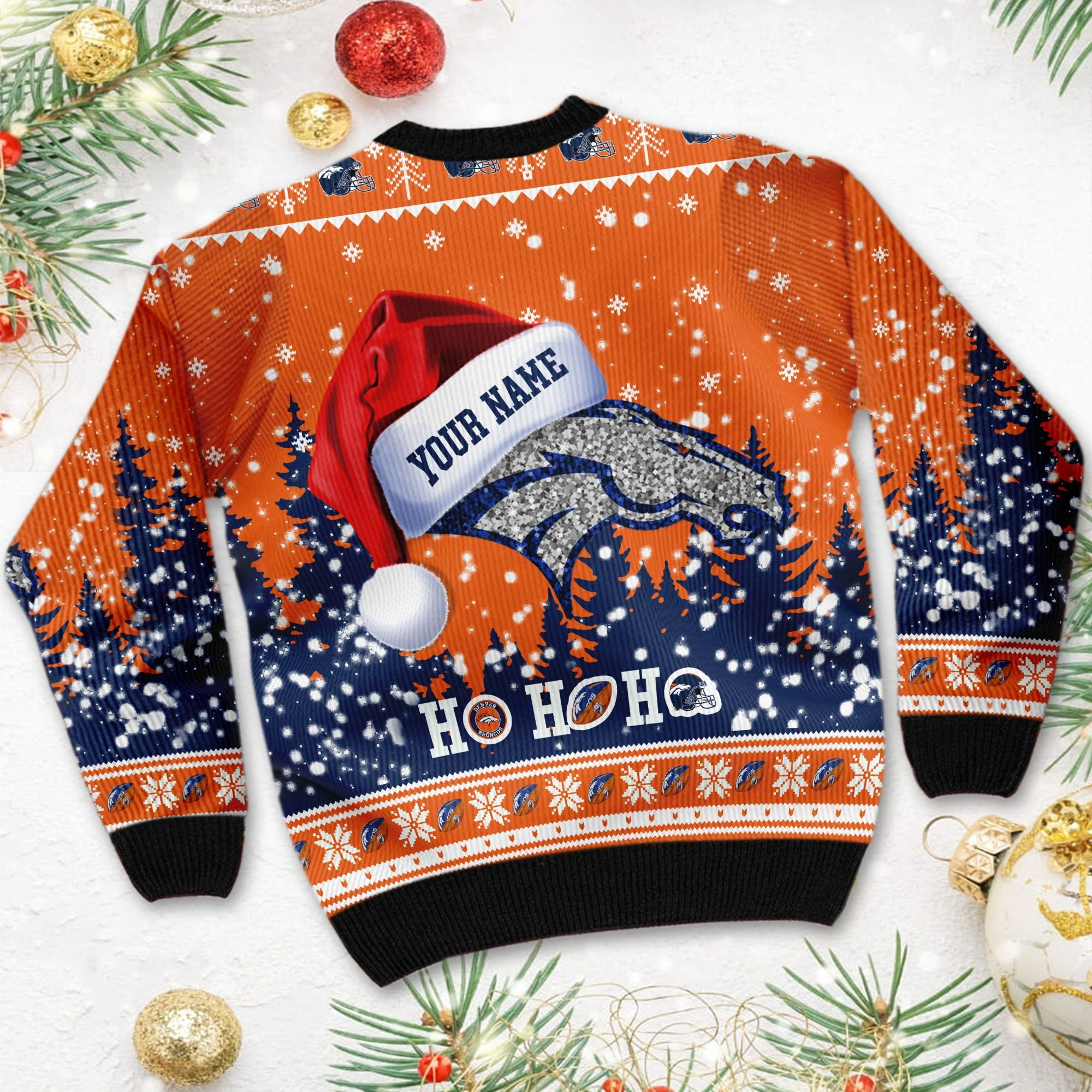 Denver Broncos Symbol Wearing Santa Claus Hat Ho Ho Ho Custom Personalized Ugly Christmas Sweater Adult 3D Funny Matching for family - Image 4