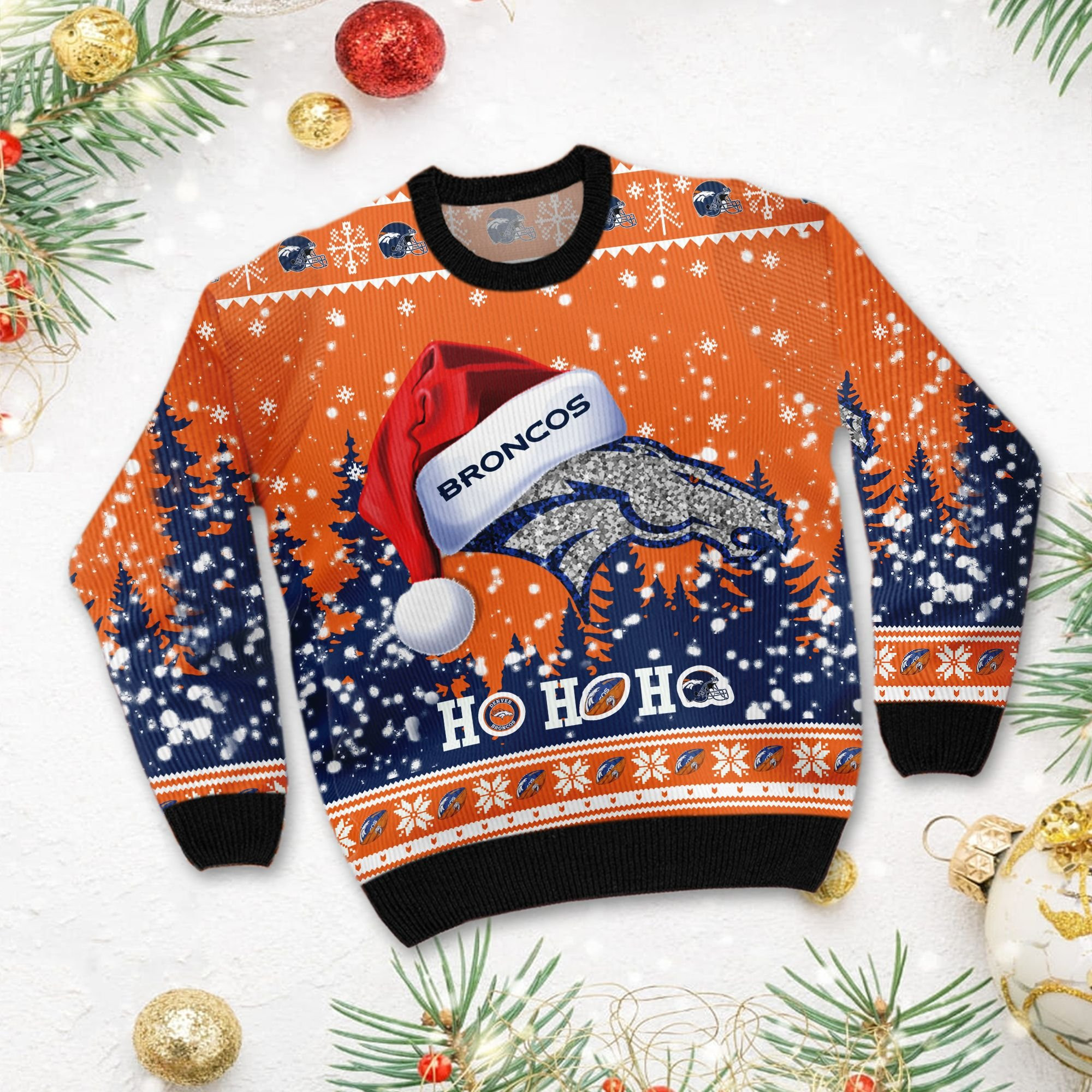 Denver Broncos Symbol Wearing Santa Claus Hat Ho Ho Ho Custom Personalized Ugly Christmas Sweater Adult 3D Funny Matching for family - Image 3