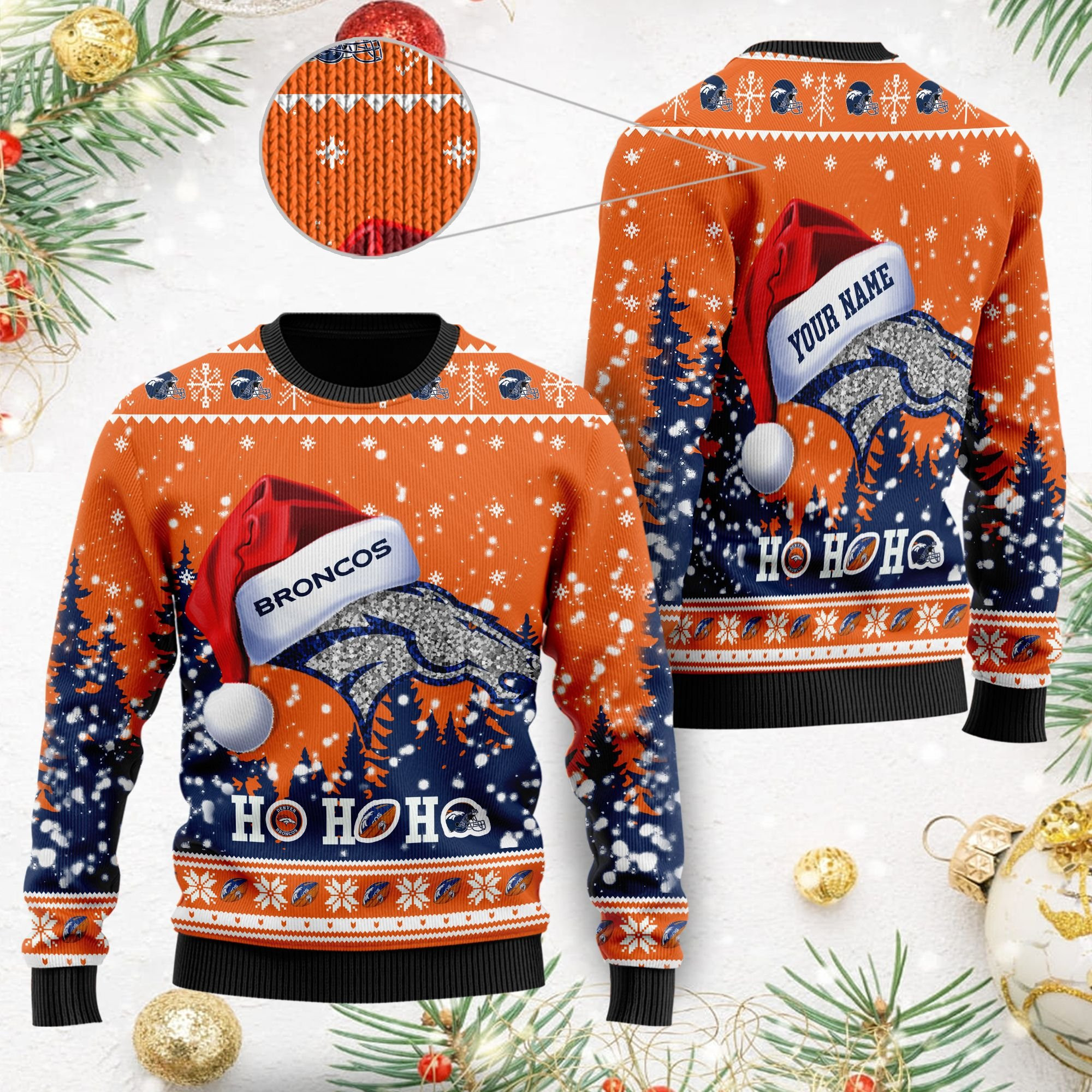 Denver Broncos Symbol Wearing Santa Claus Hat Ho Ho Ho Custom Personalized Ugly Christmas Sweater Adult 3D Funny Matching for family