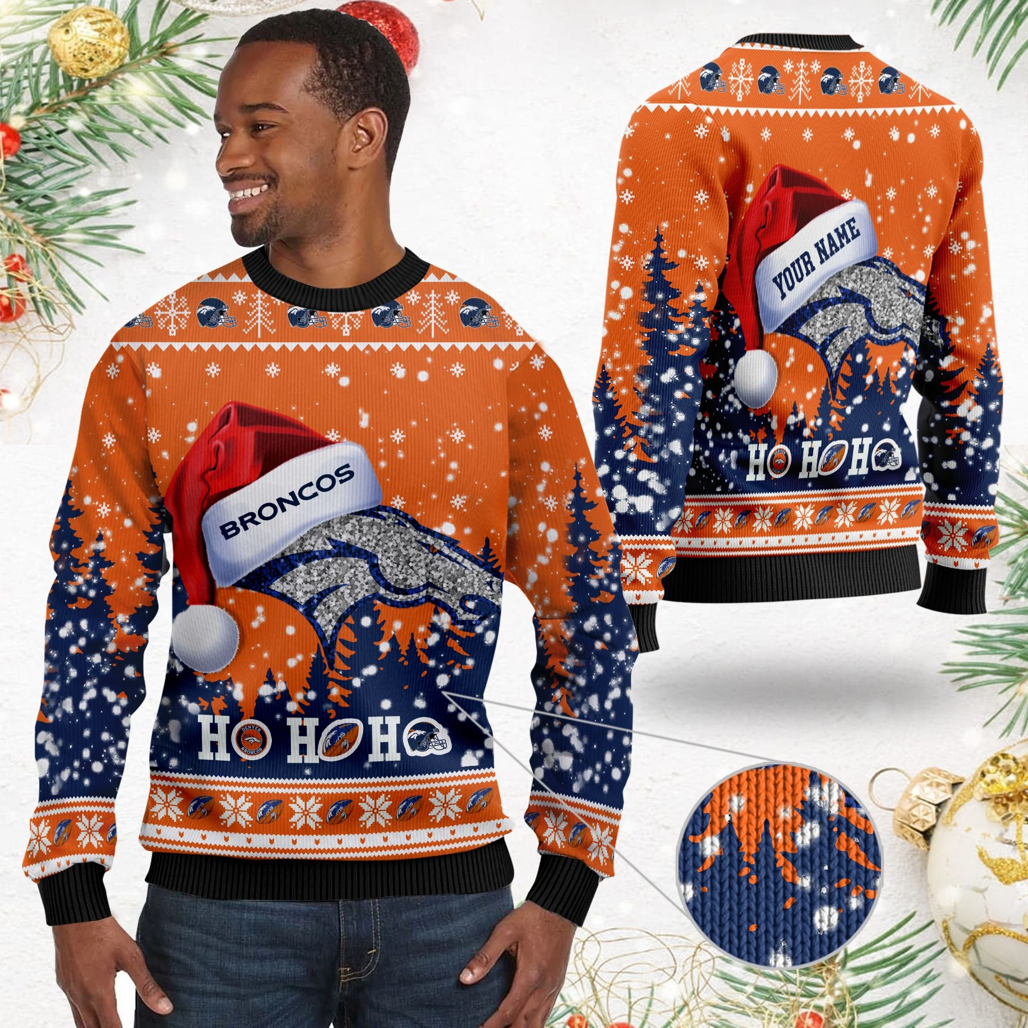Denver Broncos Symbol Wearing Santa Claus Hat Ho Ho Ho Custom Personalized Ugly Christmas Sweater Adult 3D Funny Matching for family - Image 2
