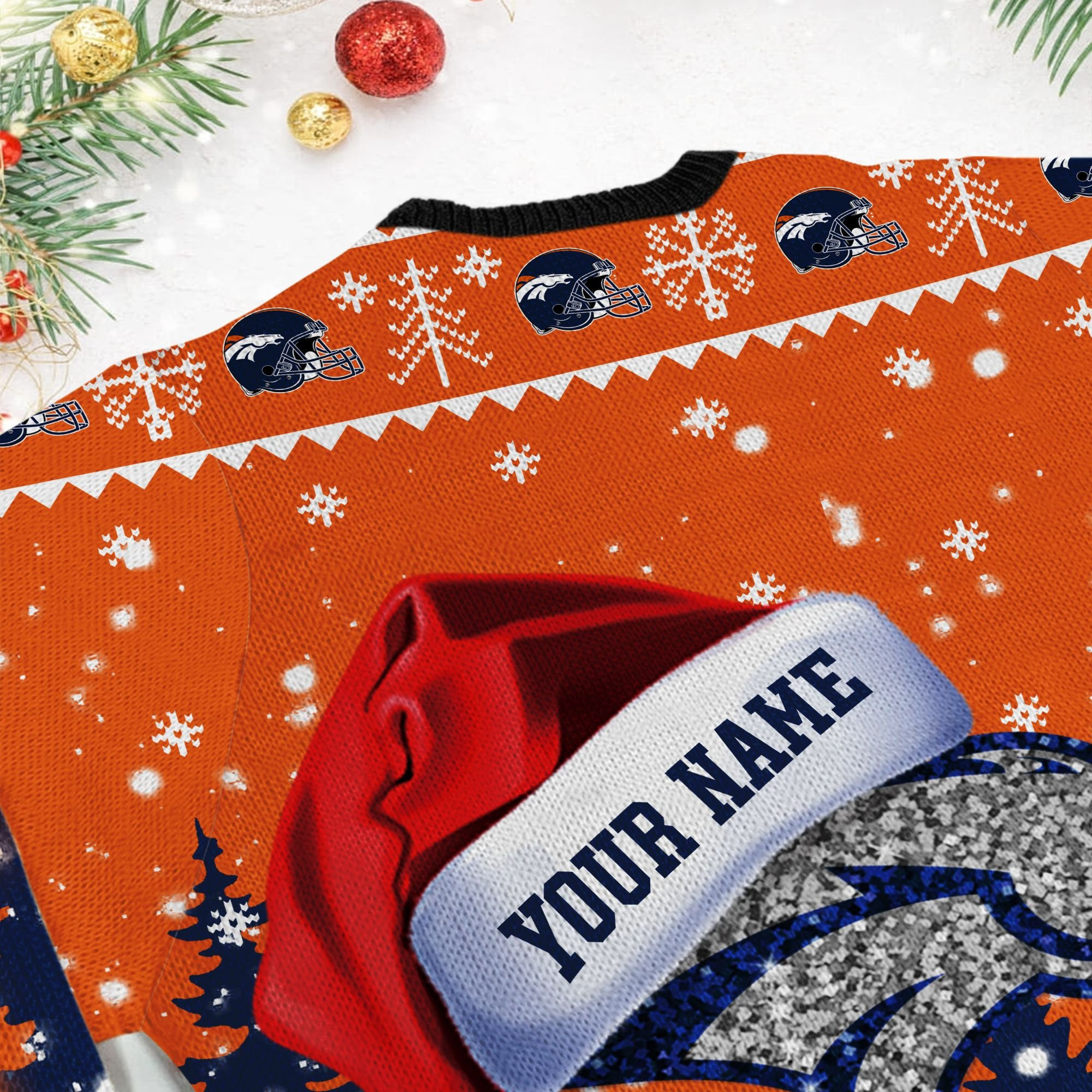 Denver Broncos Symbol Wearing Santa Claus Hat Ho Ho Ho Custom Personalized Ugly Christmas Sweater Adult 3D Funny Matching for family - Image 6
