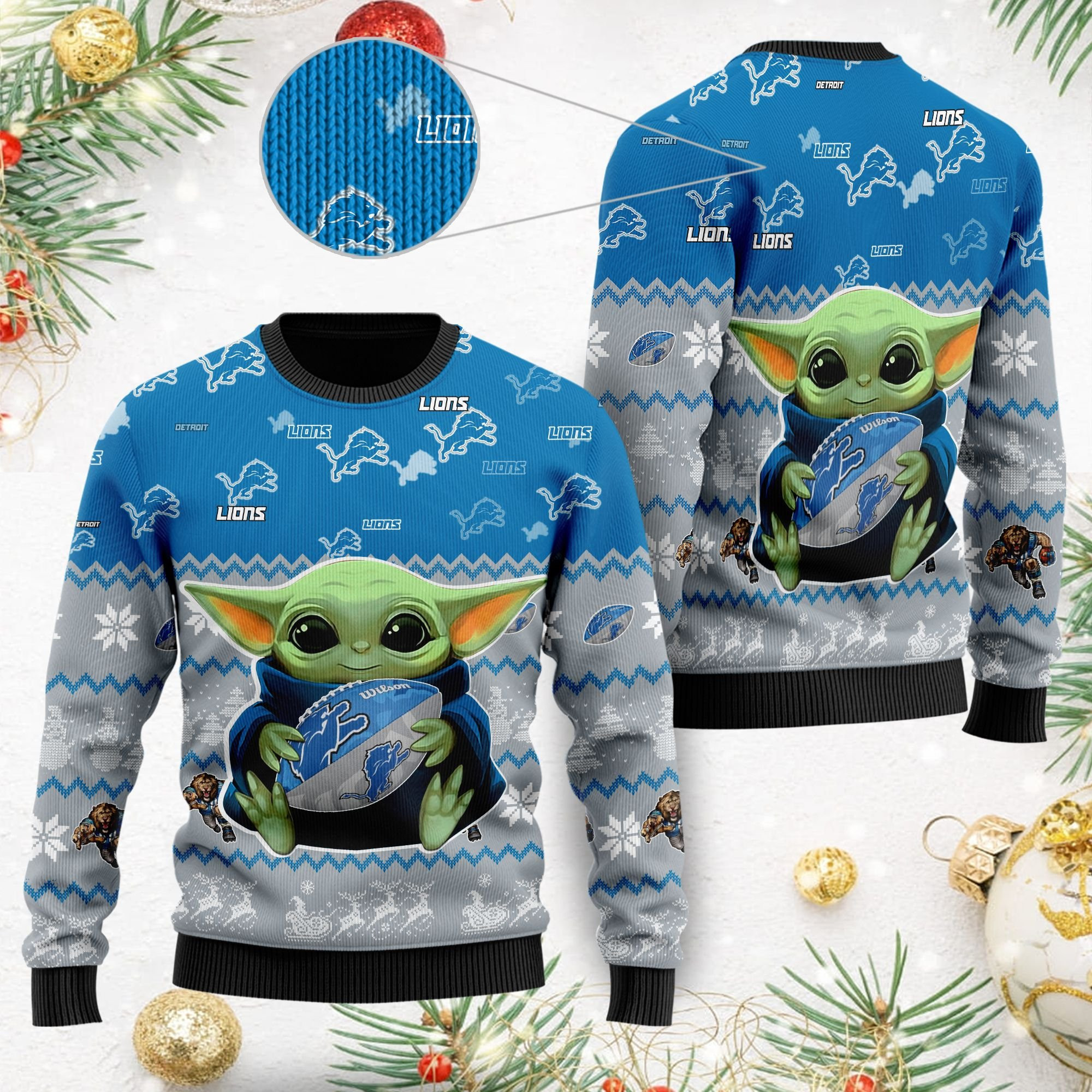 Detroit Lions Baby Yoda Ugly Christmas Sweater Adult 3D Funny Matching for family