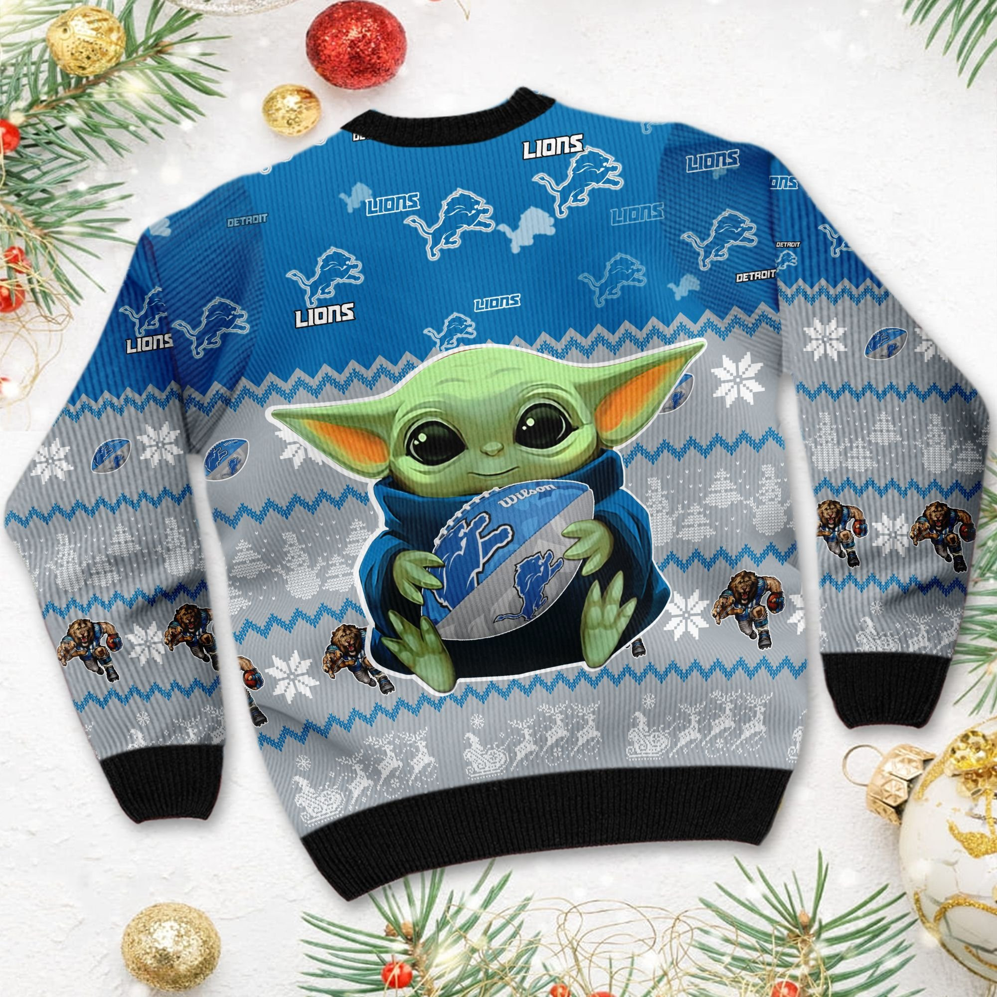 Detroit Lions Baby Yoda Ugly Christmas Sweater Adult 3D Funny Matching for family - Image 4