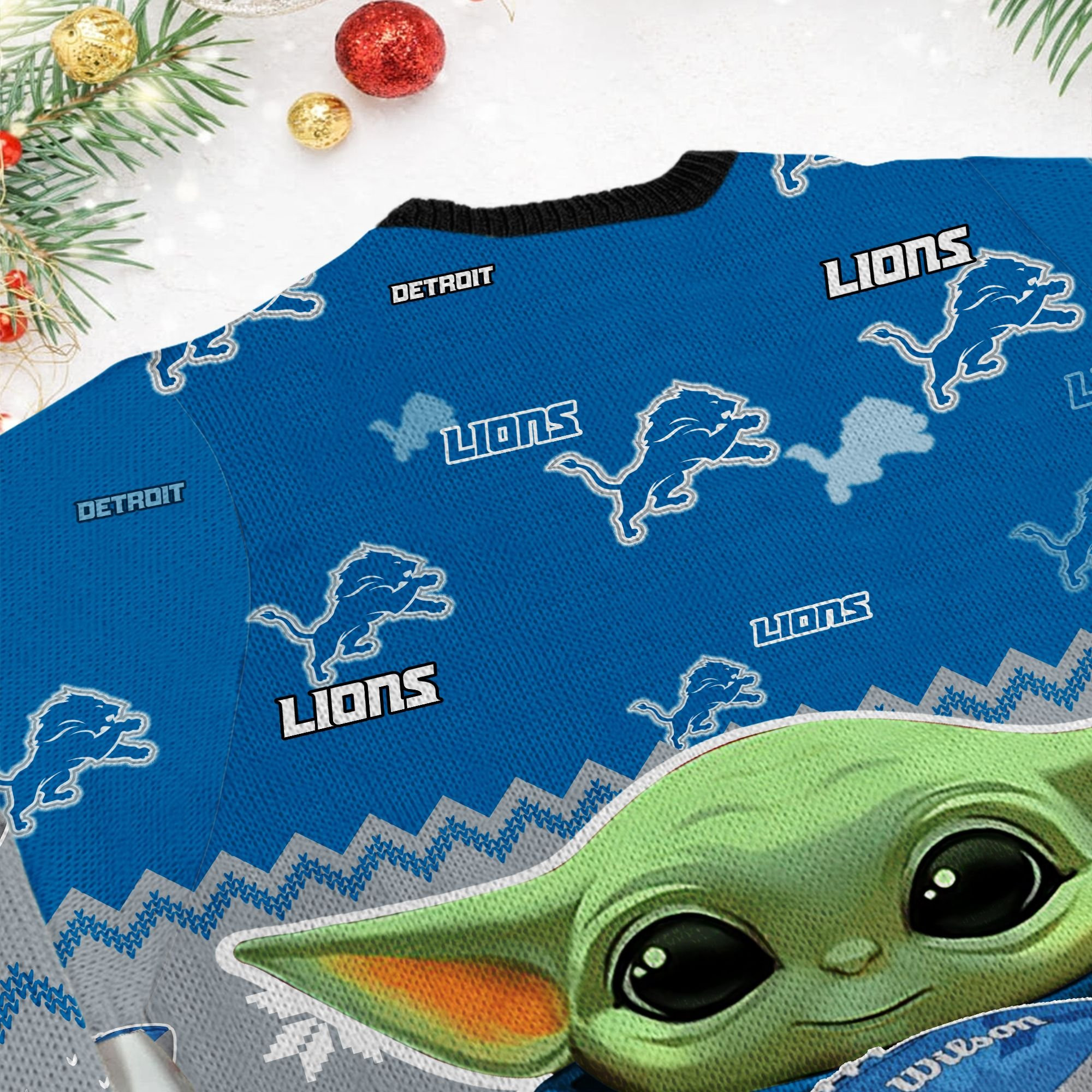 Detroit Lions Baby Yoda Ugly Christmas Sweater Adult 3D Funny Matching for family - Image 6