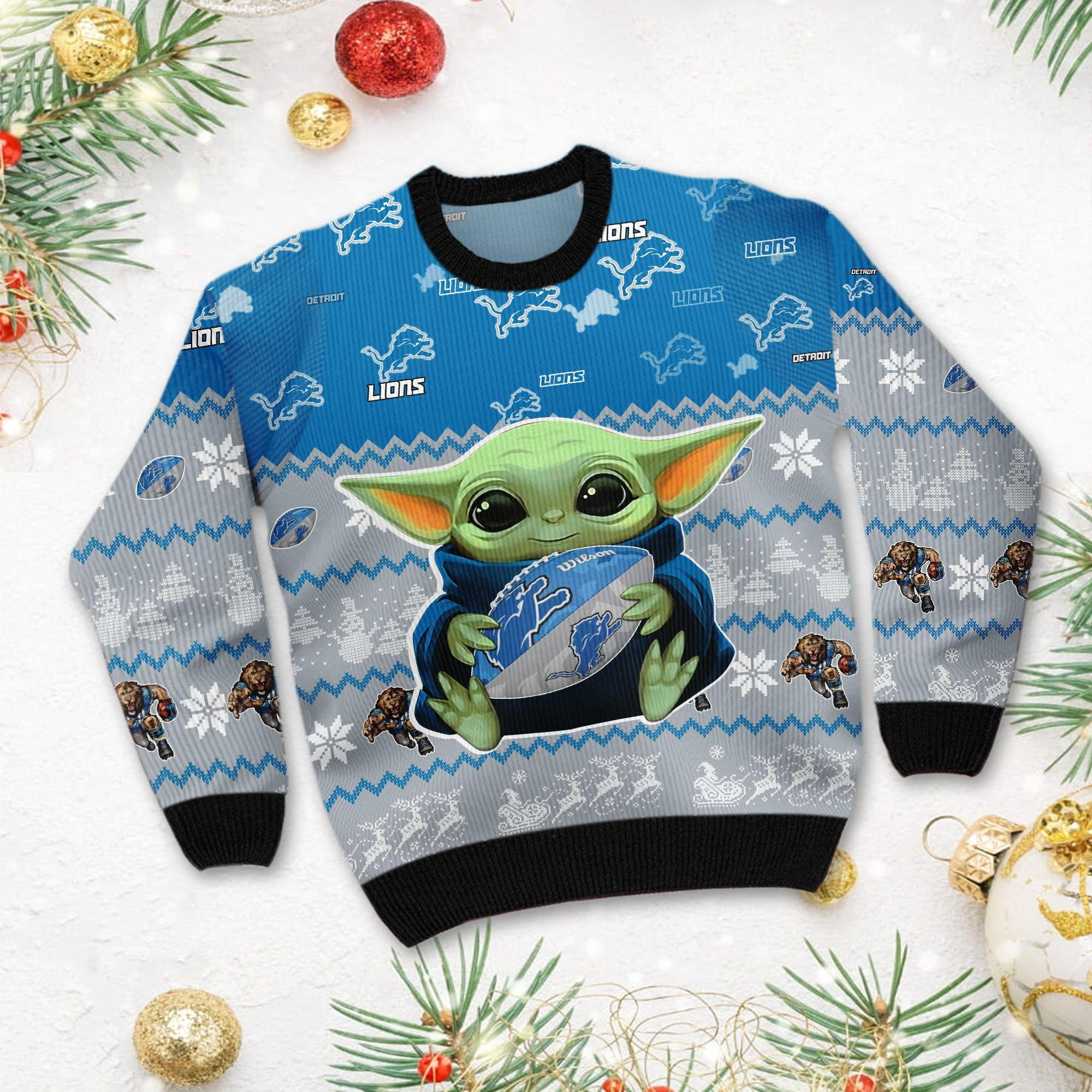 Detroit Lions Baby Yoda Ugly Christmas Sweater Adult 3D Funny Matching for family - Image 3