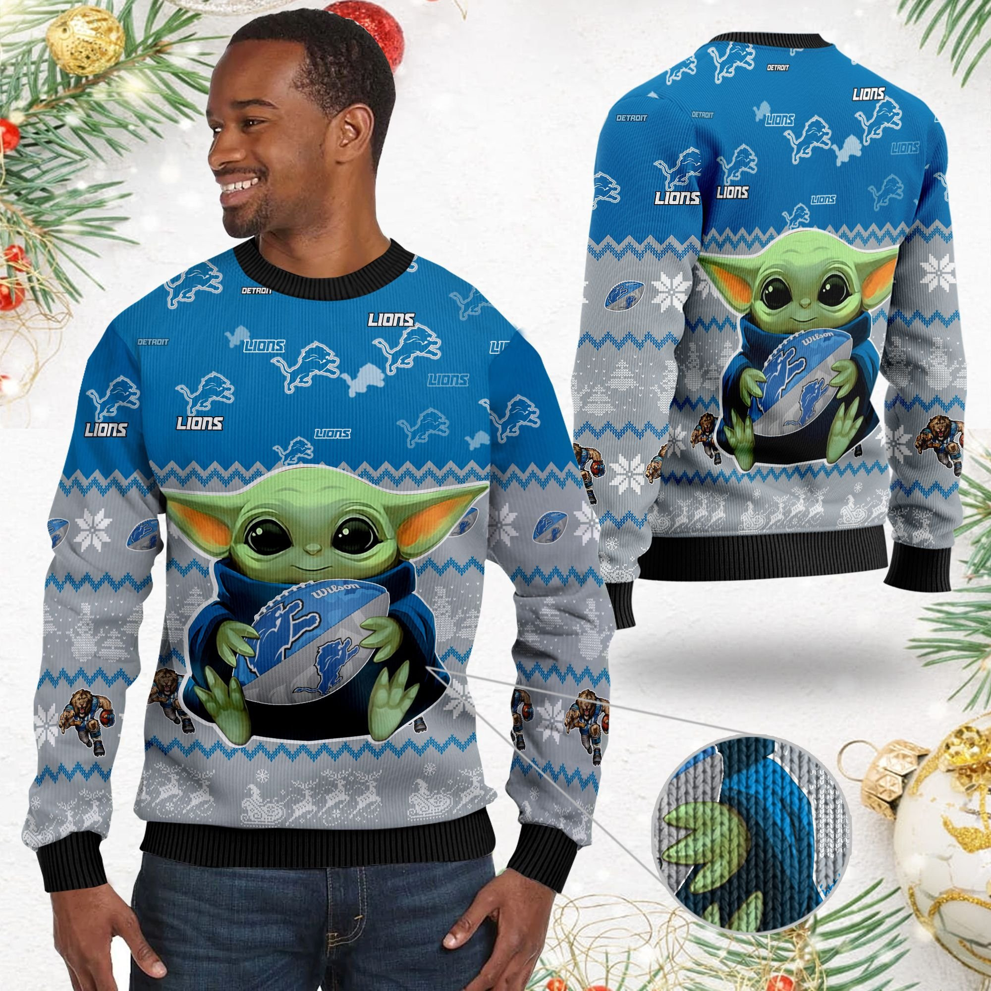 Detroit Lions Baby Yoda Ugly Christmas Sweater Adult 3D Funny Matching for family - Image 2