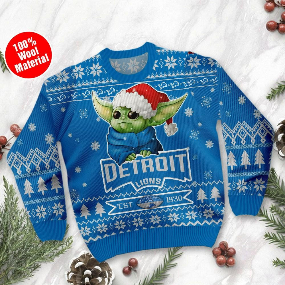 Detroit Lions Cute Baby Yoda Grogu Ugly Christmas Sweater Adult 3D Funny Matching for family - Image 2
