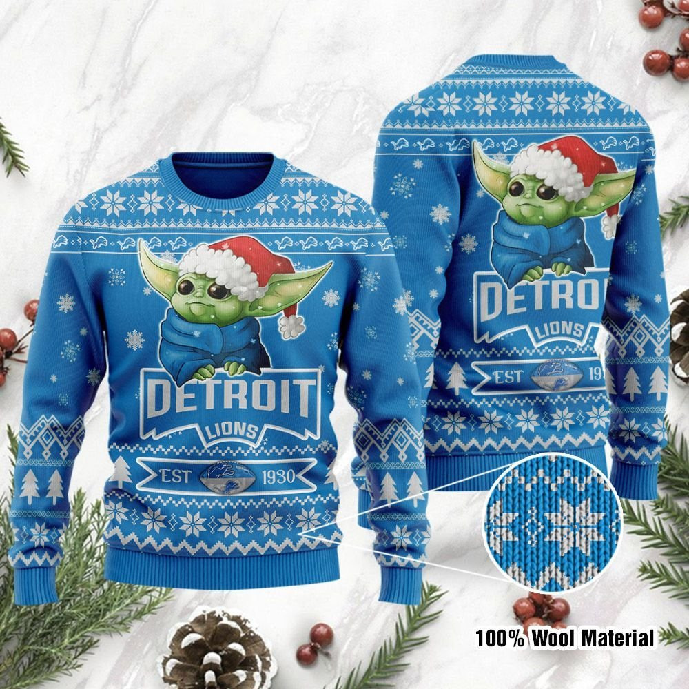 Detroit Lions Cute Baby Yoda Grogu Ugly Christmas Sweater Adult 3D Funny Matching for family
