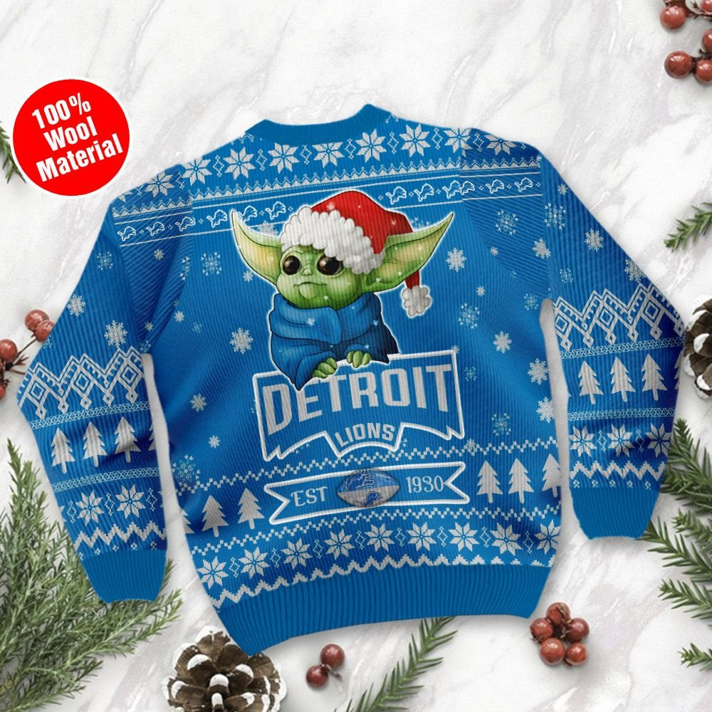 Detroit Lions Cute Baby Yoda Grogu Ugly Christmas Sweater Adult 3D Funny Matching for family - Image 3