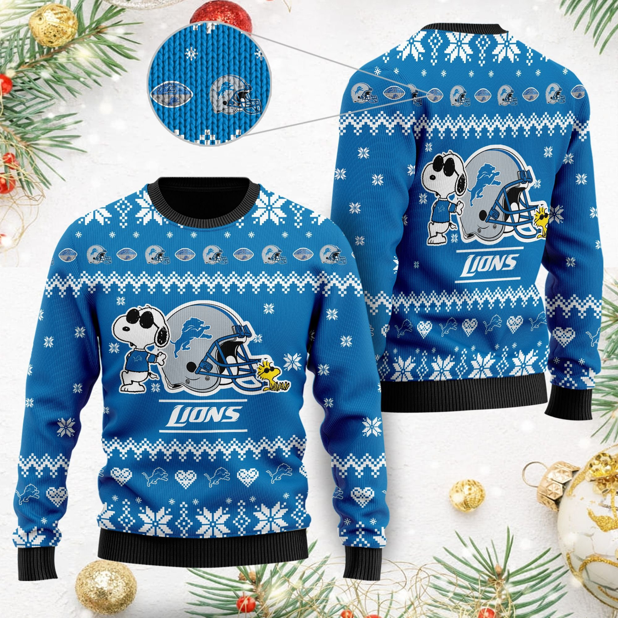 Detroit Lions Cute The Snoopy Show Football Helmet 3D Ugly Christmas Sweater Adult 3D Funny Matching for family
