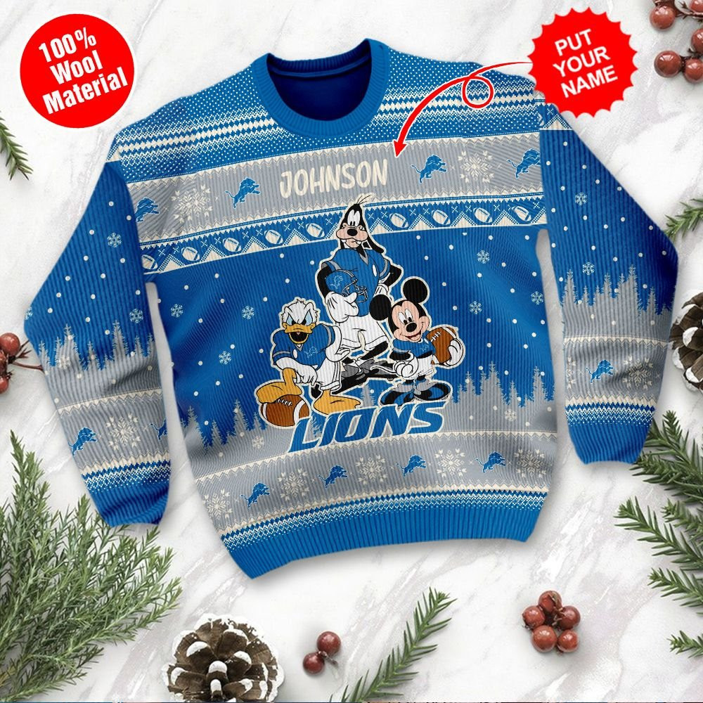 Detroit Lions Disney Donald Duck Mickey Mouse Goofy Personalized Ugly Christmas Sweater Adult 3D Funny Matching for family - Image 2