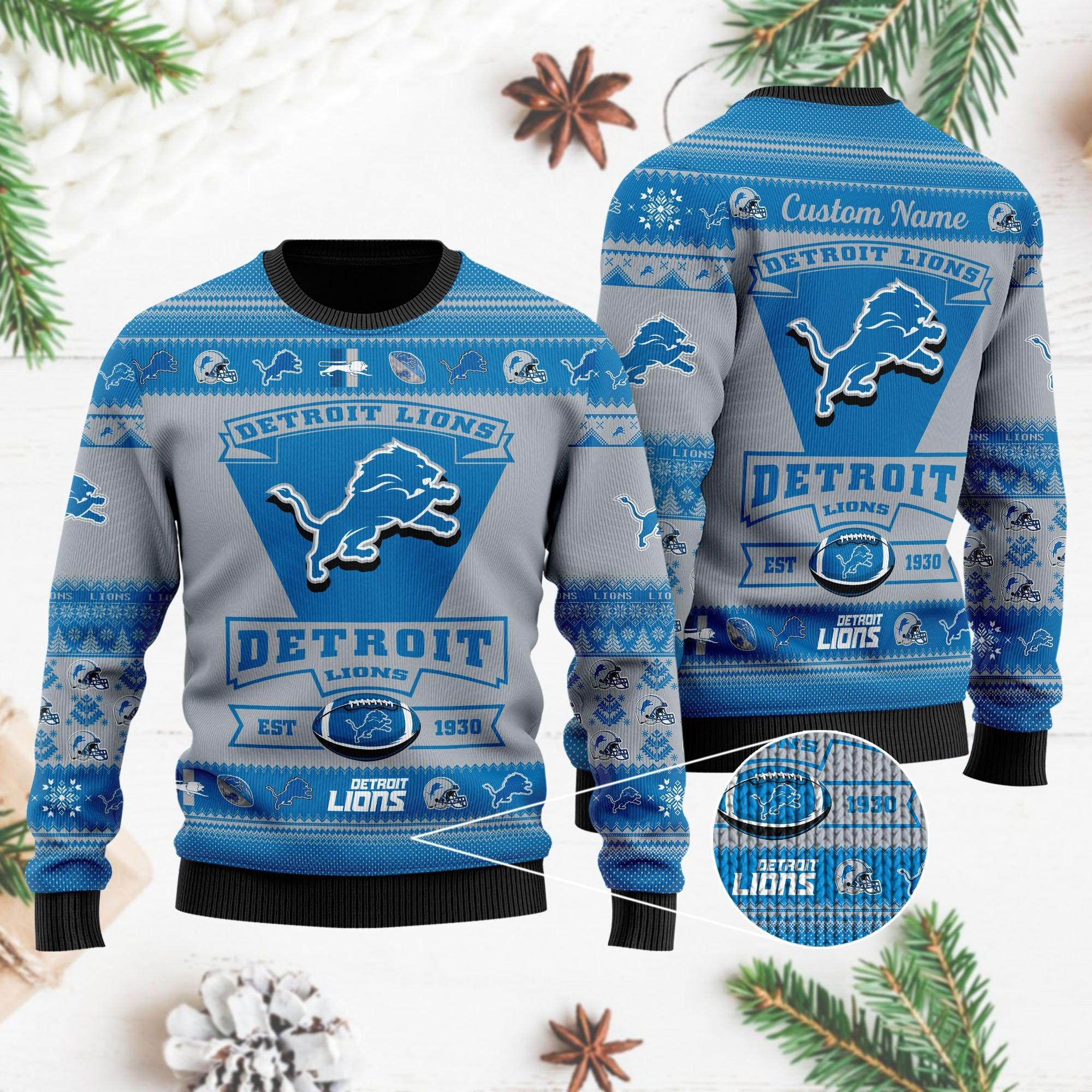 Detroit Lions Football Team Logo Custom Name Personalized Ugly Christmas Sweater Adult 3D Funny Matching for family