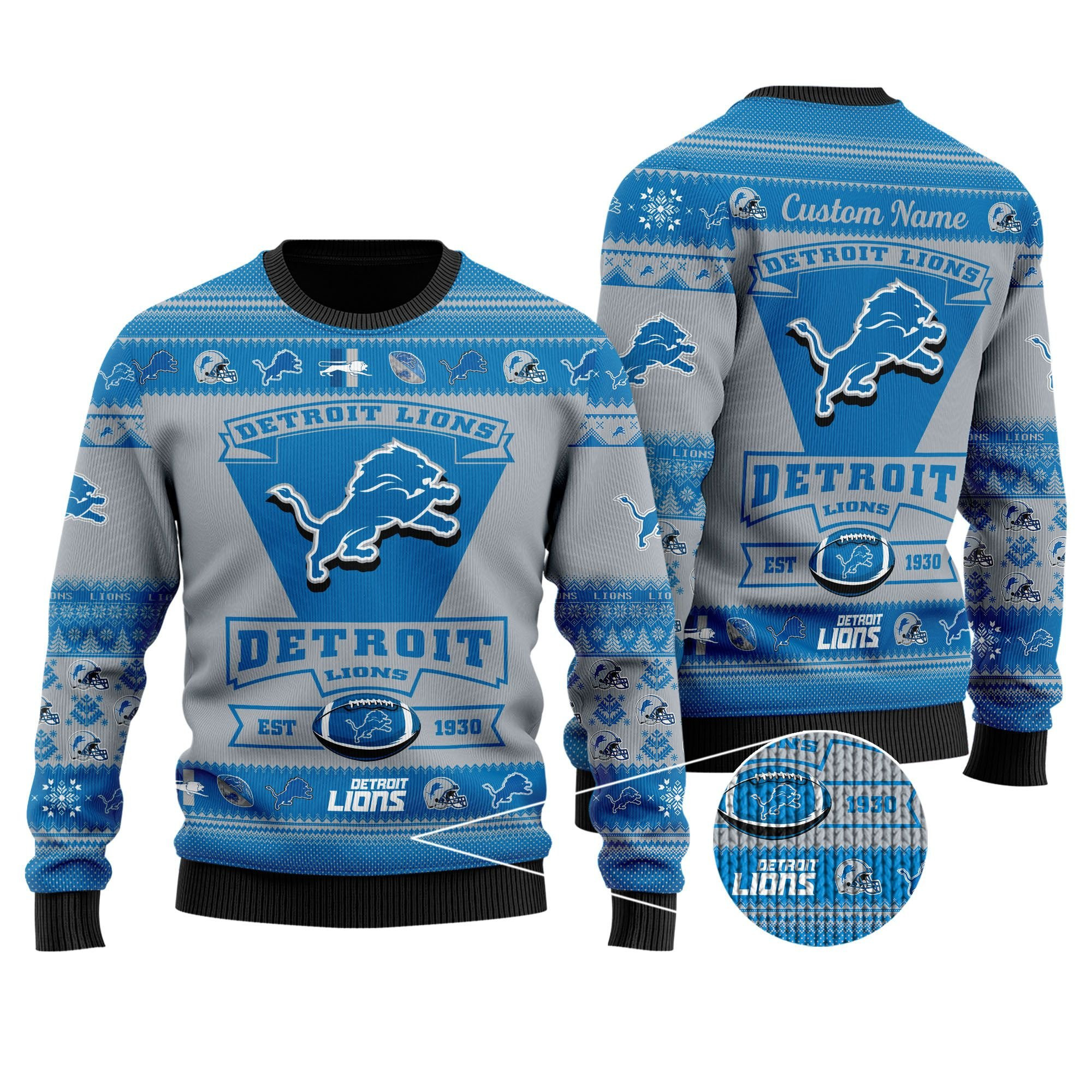 Detroit Lions Football Team Logo Custom Name Personalized Ugly Christmas Sweater Adult 3D Funny Matching for family - Image 2