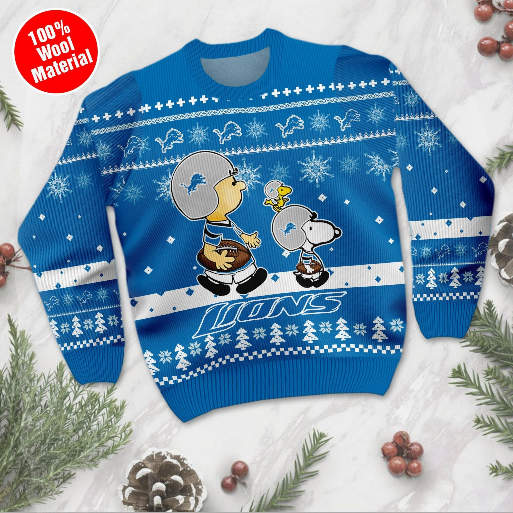 Detroit Lions Funny Charlie Brown Peanuts Snoopy Ugly Christmas Sweater Adult 3D Funny Matching for family - Image 2