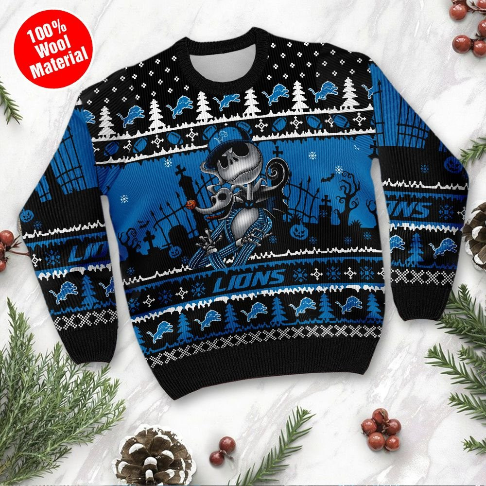 Detroit Lions Jack Skellington Halloween Holiday Party Ugly Christmas Sweater Adult 3D Funny Matching for family - Image 2
