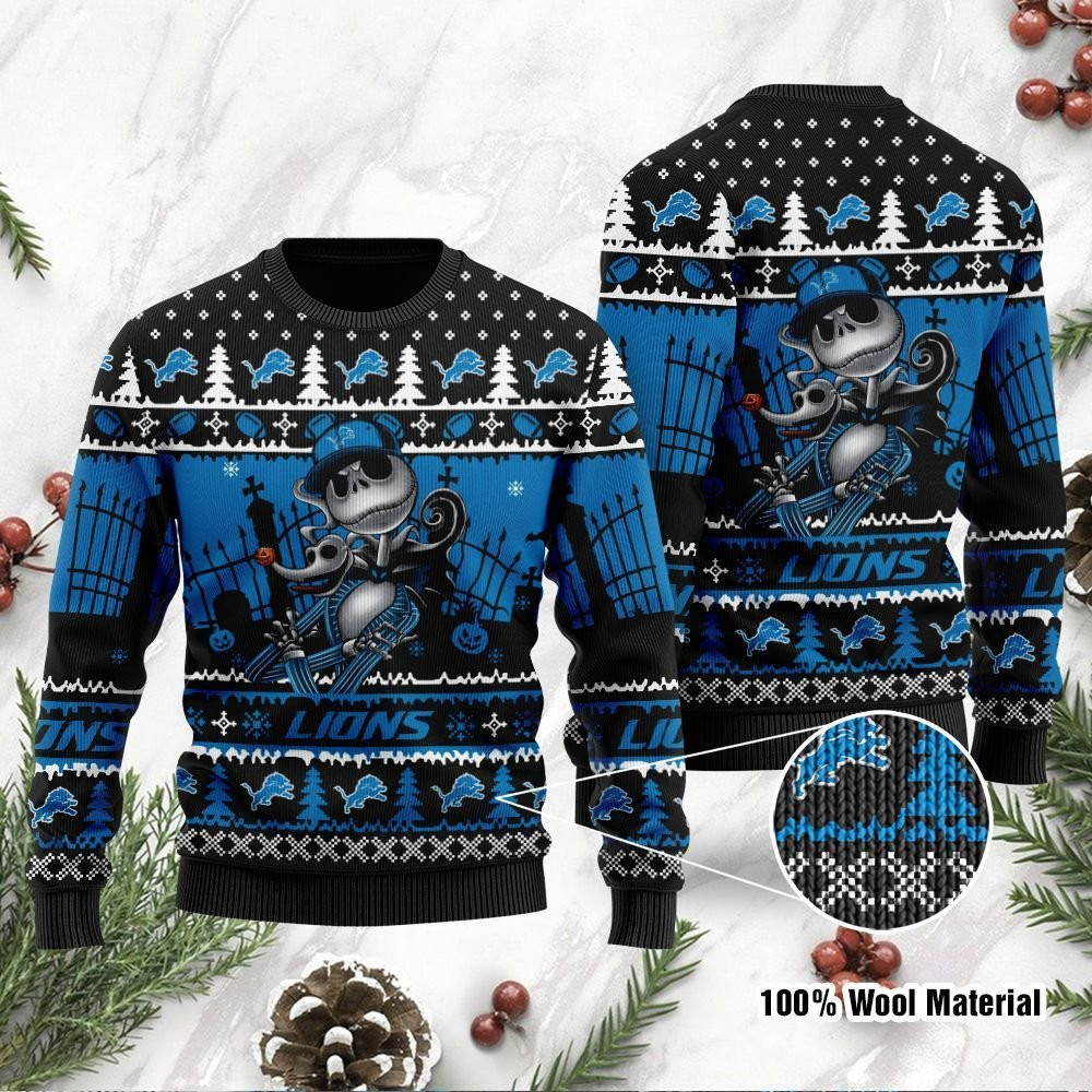 Detroit Lions Jack Skellington Halloween Ugly Christmas Sweater Adult 3D Funny Matching for family