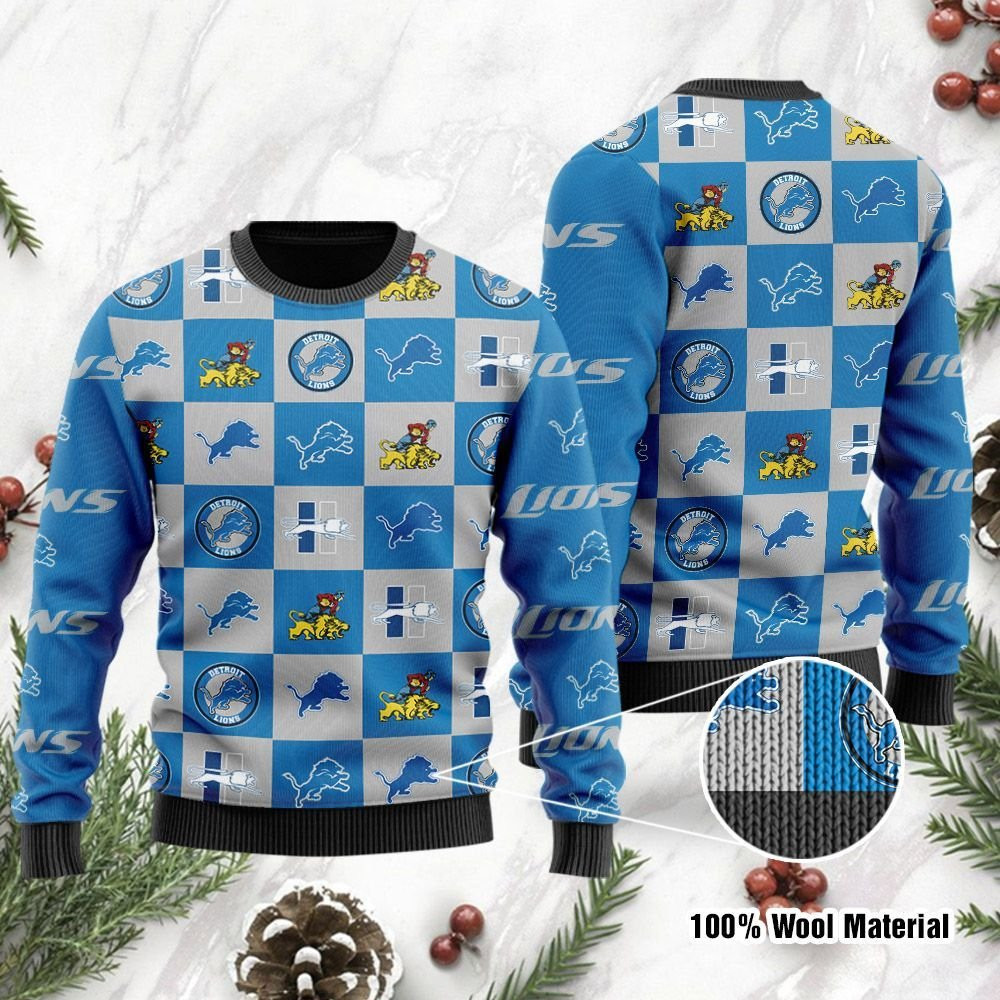 Detroit Lions Logo Checkered Flannel Design Ugly Christmas Sweater Adult 3D Funny Matching for family