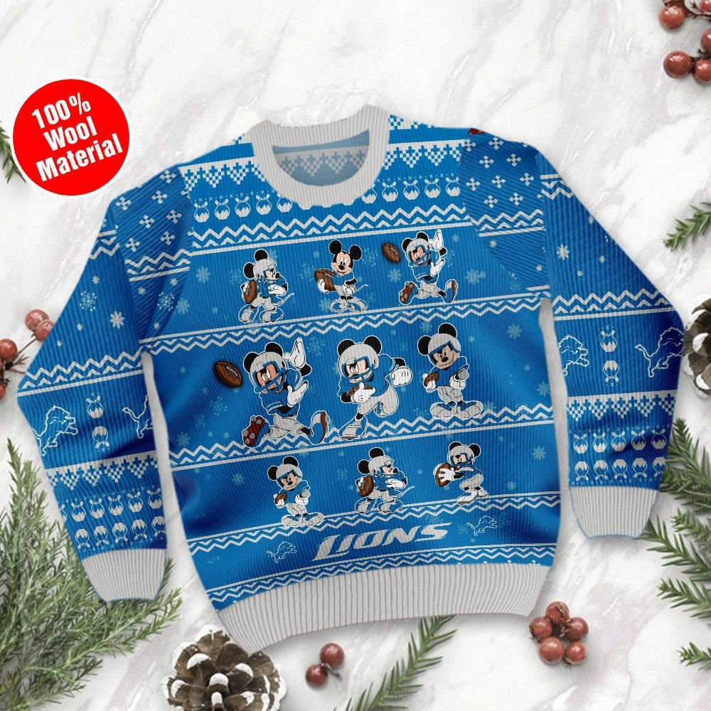 Detroit Lions Mickey Mouse Holiday Party Ugly Christmas Sweater Adult 3D Funny Matching for family - Image 2