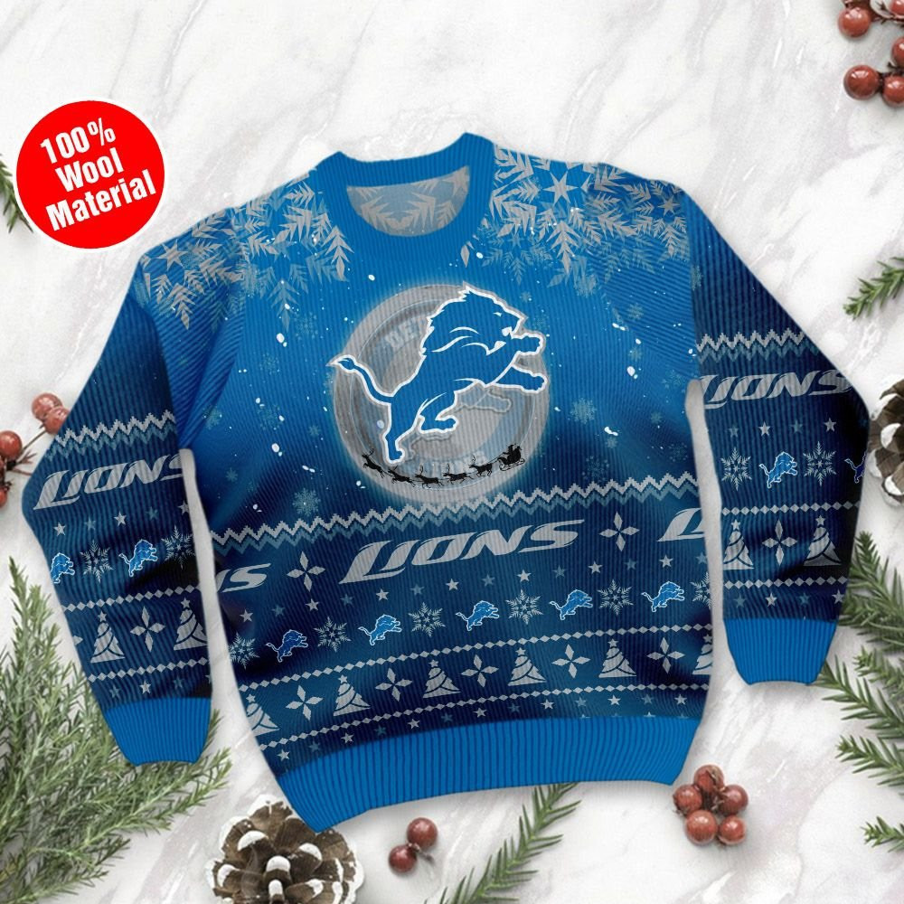 Detroit Lions Santa Claus In The Moon Ugly Christmas Sweater Adult 3D Funny Matching for family - Image 2