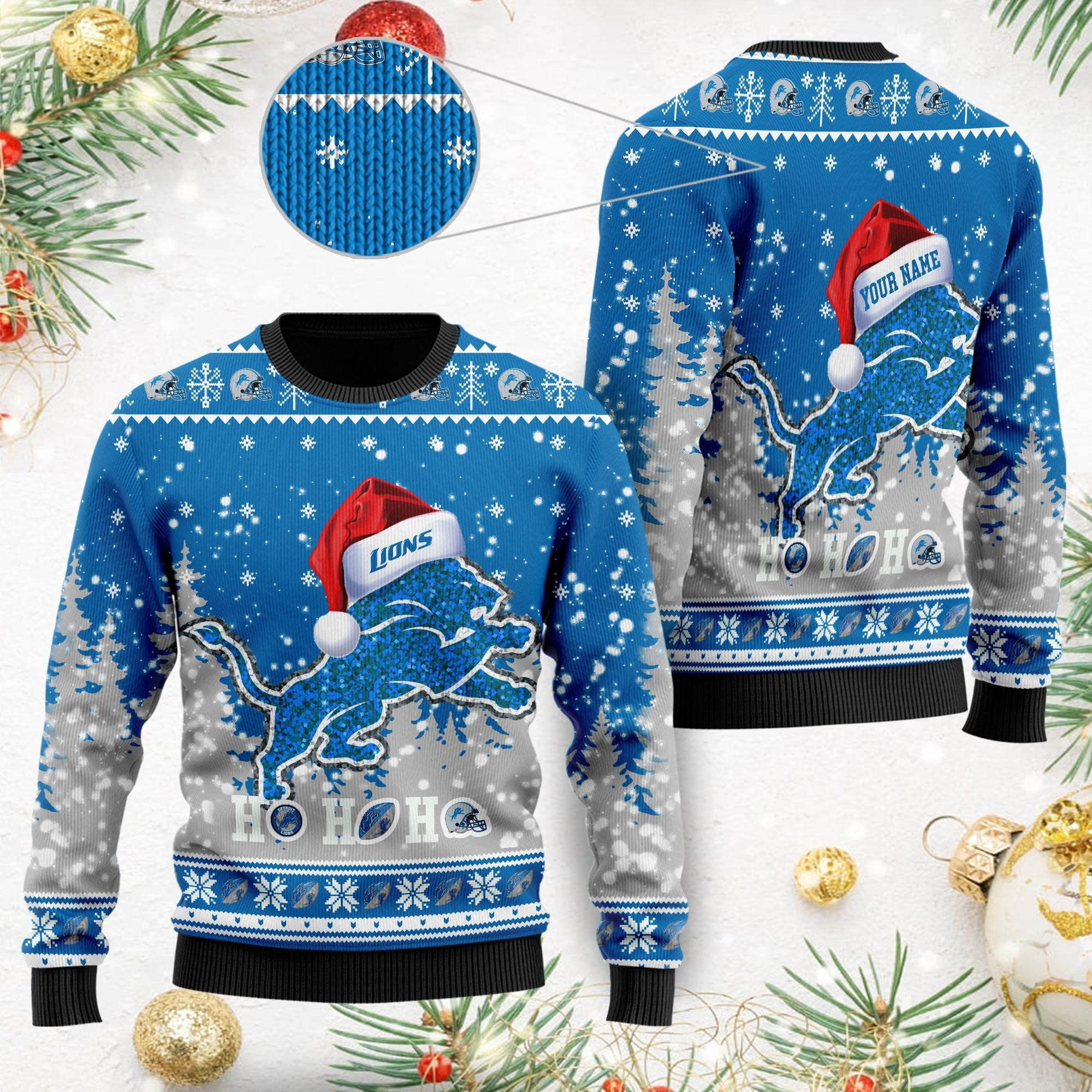 Detroit Lions Symbol Wearing Santa Claus Hat Ho Ho Ho Custom Personalized Ugly Christmas Sweater Adult 3D Funny Matching for family