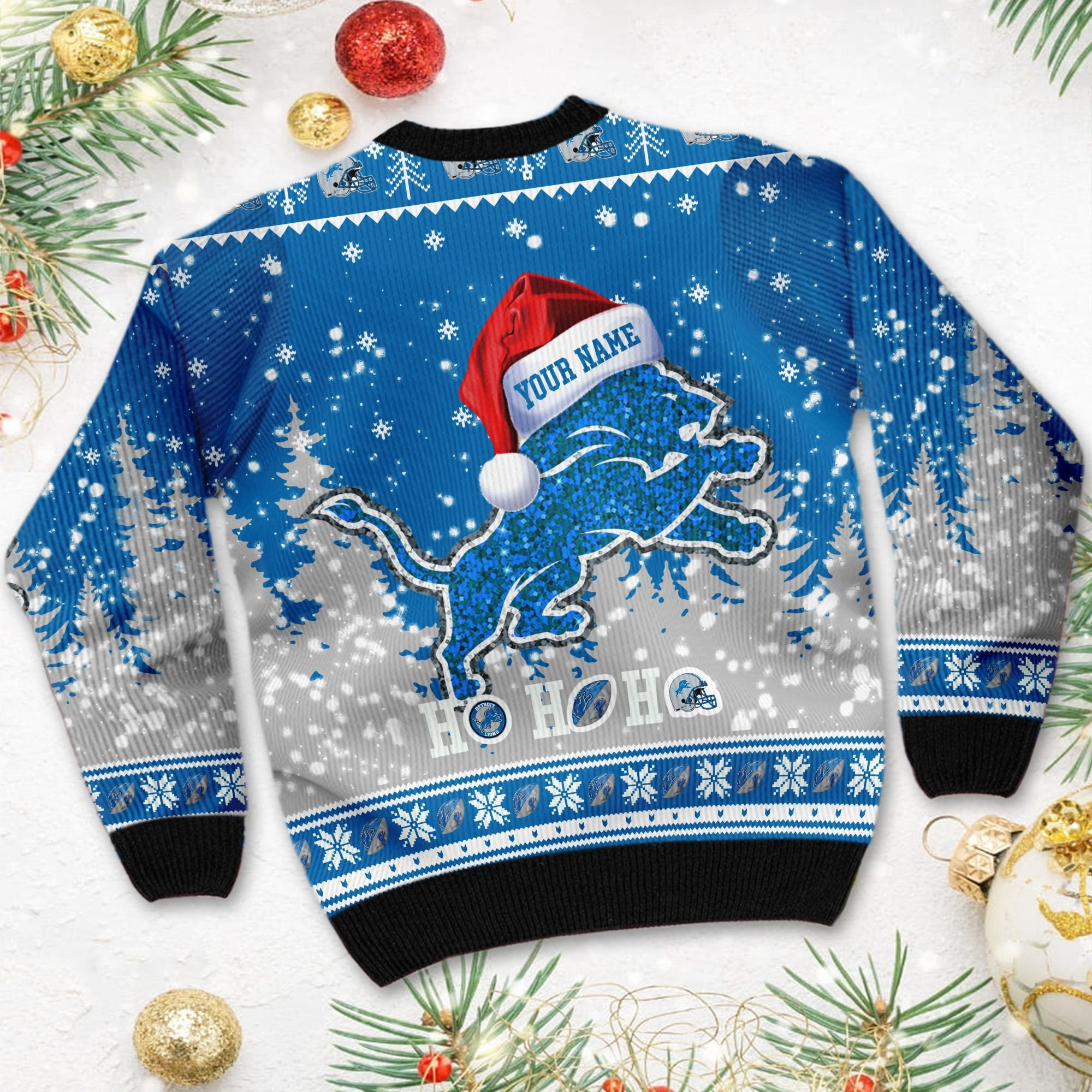Detroit Lions Symbol Wearing Santa Claus Hat Ho Ho Ho Ugly Christmas Sweater Adult 3D Funny Matching for family - Image 4