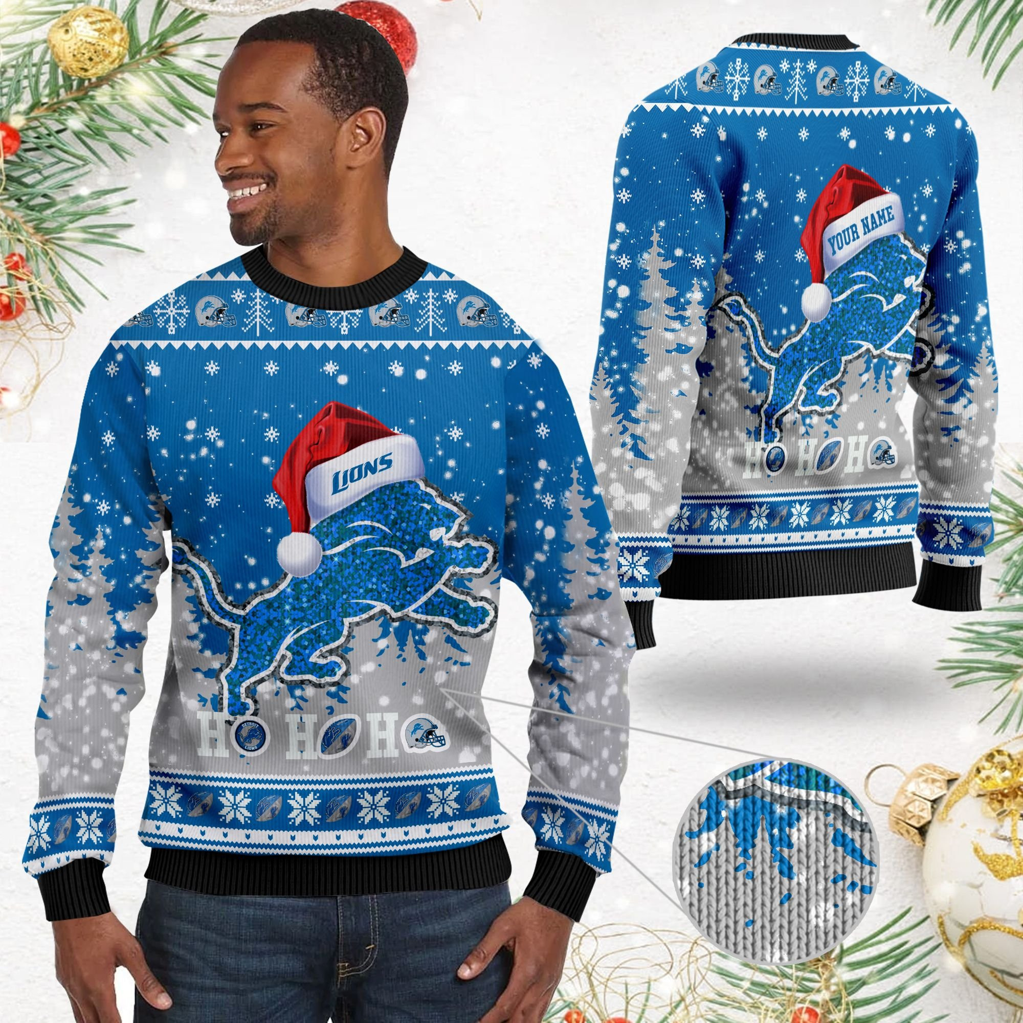 Detroit Lions Symbol Wearing Santa Claus Hat Ho Ho Ho Ugly Christmas Sweater Adult 3D Funny Matching for family - Image 2