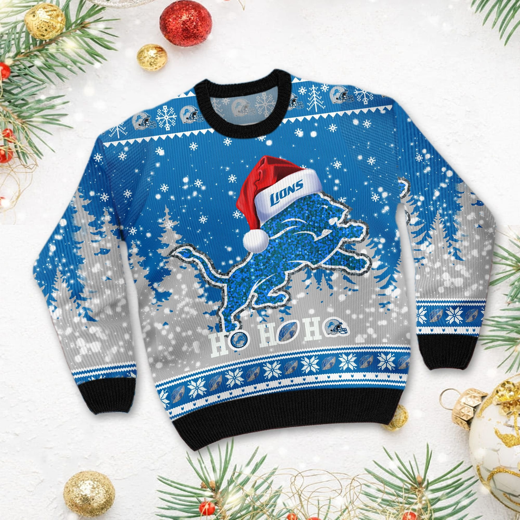 Detroit Lions Symbol Wearing Santa Claus Hat Ho Ho Ho Ugly Christmas Sweater Adult 3D Funny Matching for family - Image 3