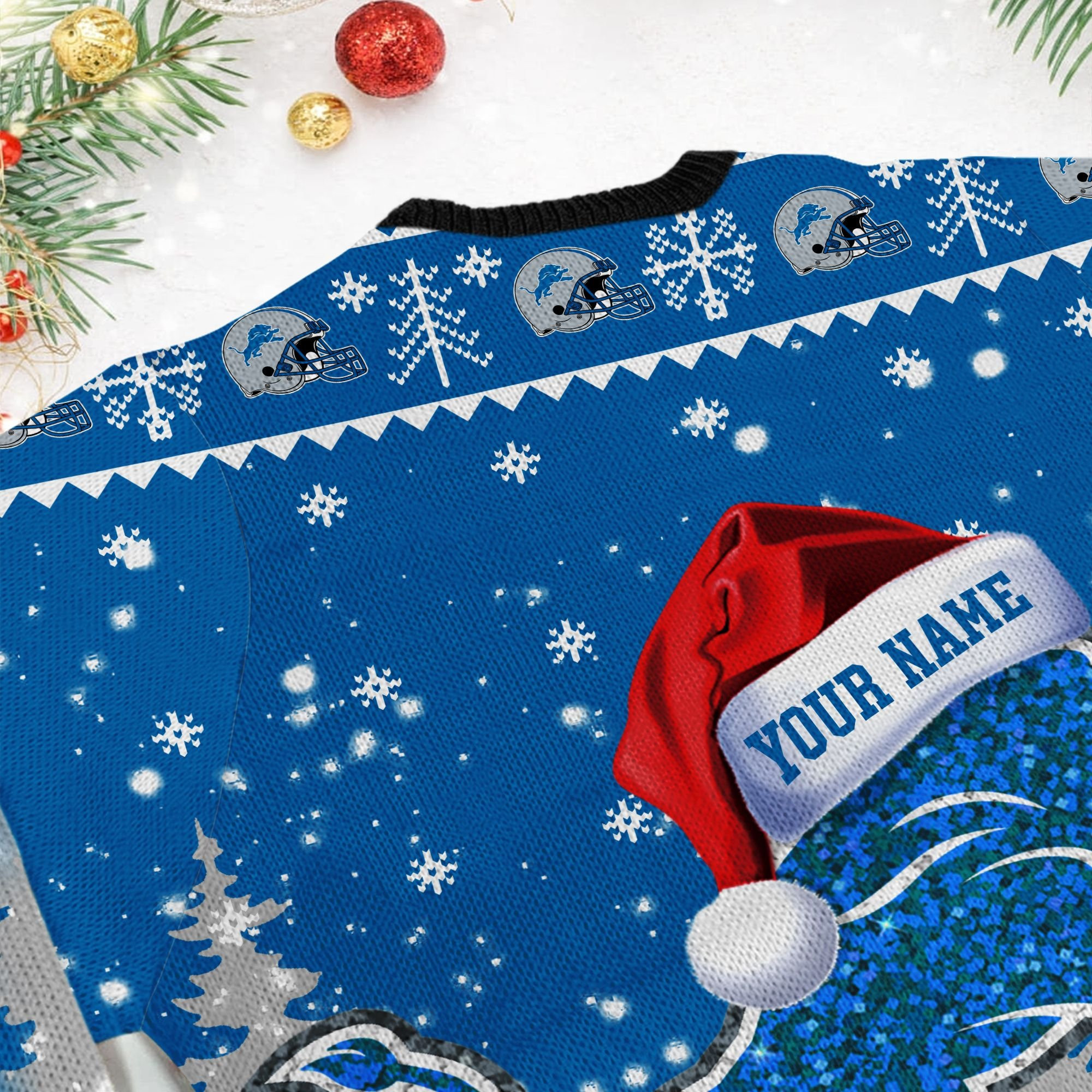 Detroit Lions Symbol Wearing Santa Claus Hat Ho Ho Ho Ugly Christmas Sweater Adult 3D Funny Matching for family - Image 6