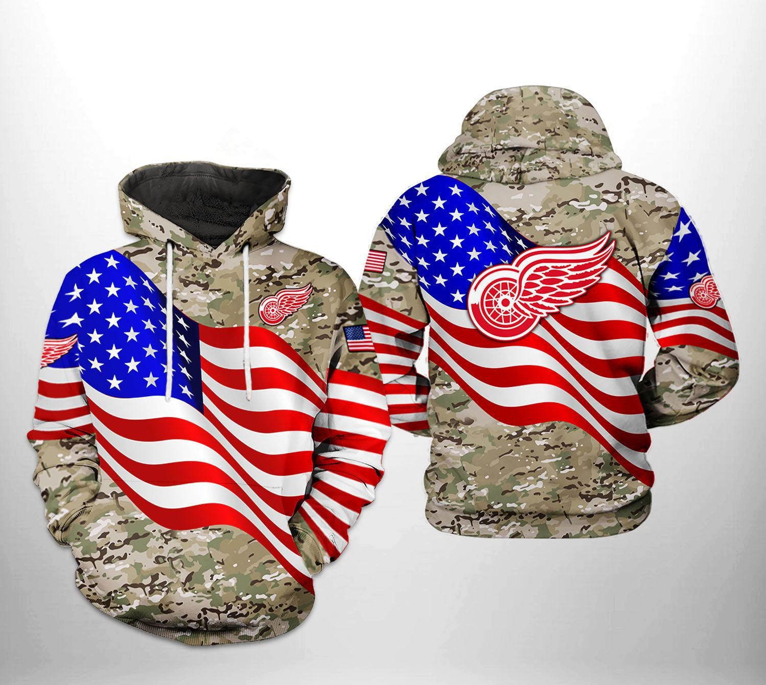 Detroit Red Wings US FLag Camo Veteran 3D All Over Print Hoodie, Zip Hoodie