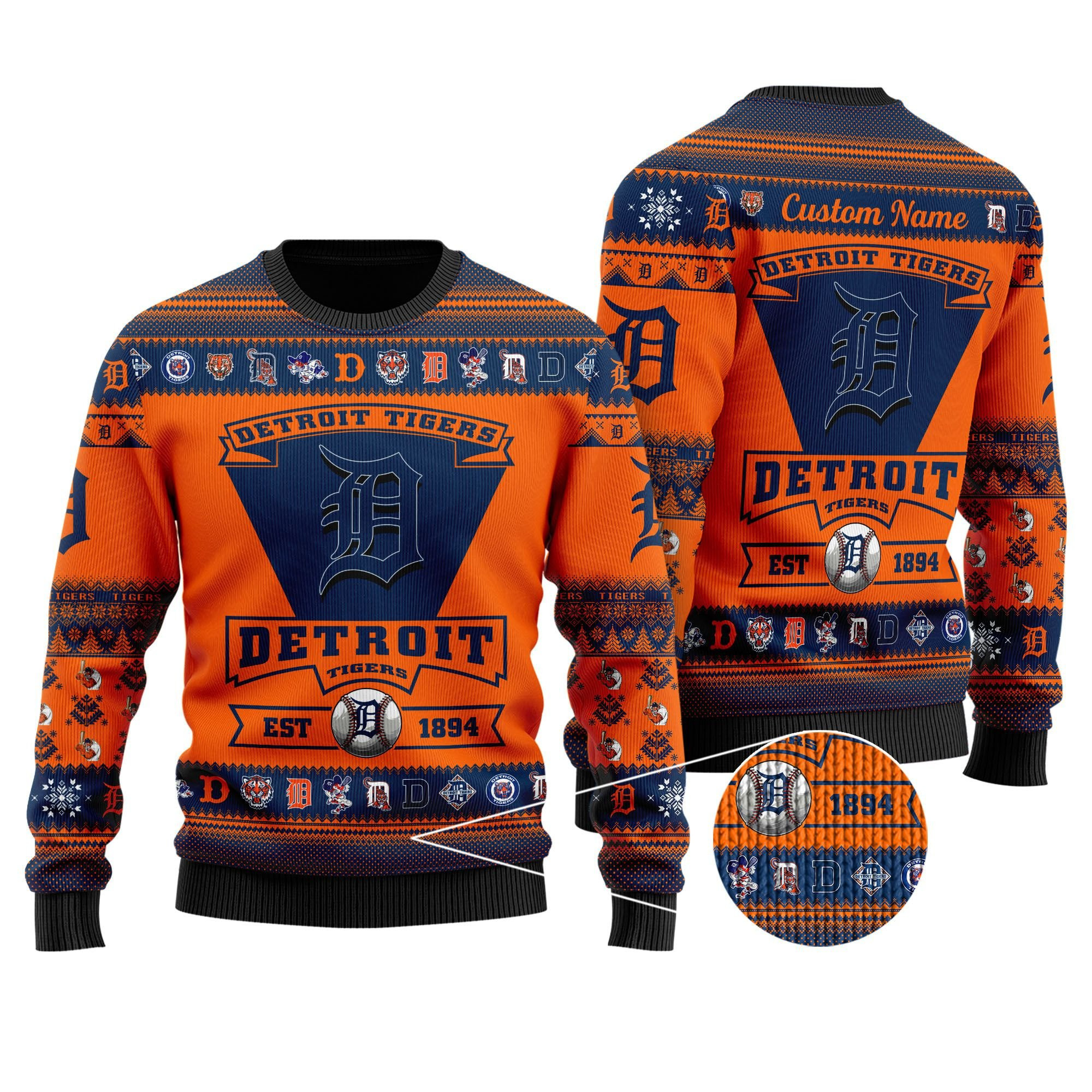 Detroit Tigers Football Team Logo Custom Name Personalized Ugly Christmas Sweater Adult 3D Funny Matching for family