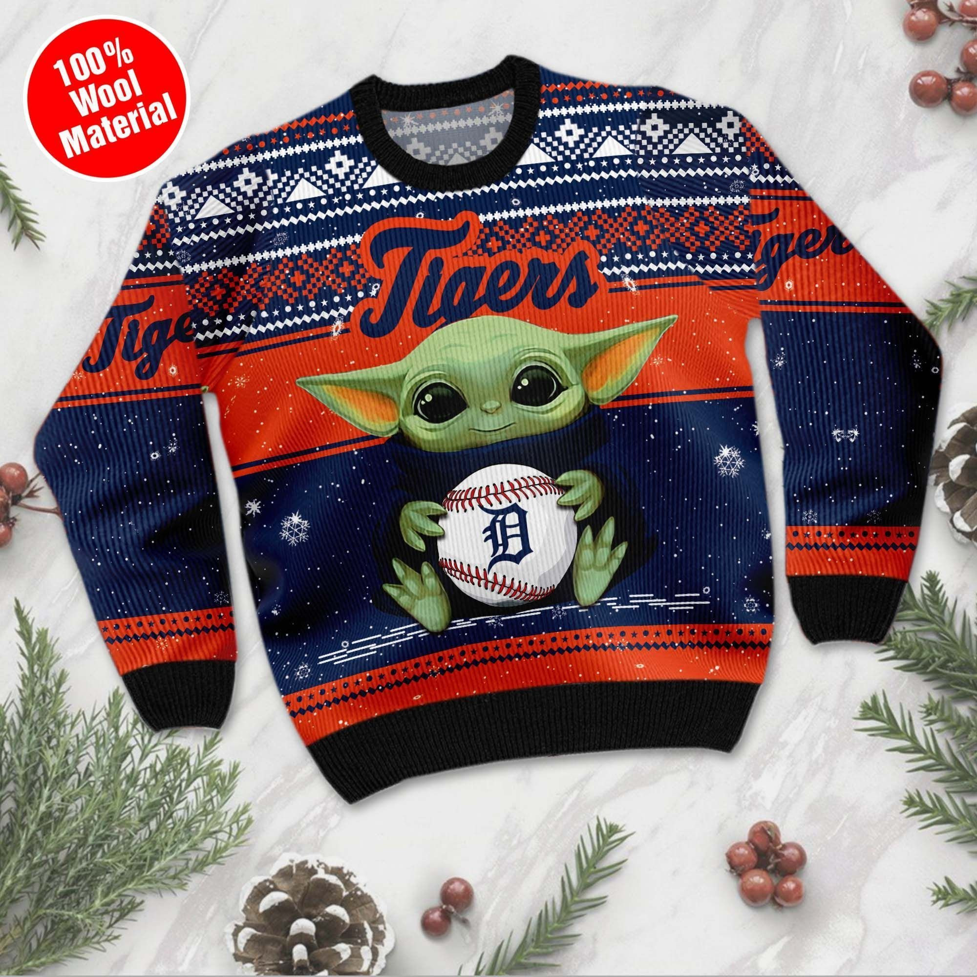Detroit Tigers Grogu Baby Yoda Hug Logo Ugly Christmas Sweater Adult 3D Funny Matching for family - Image 2