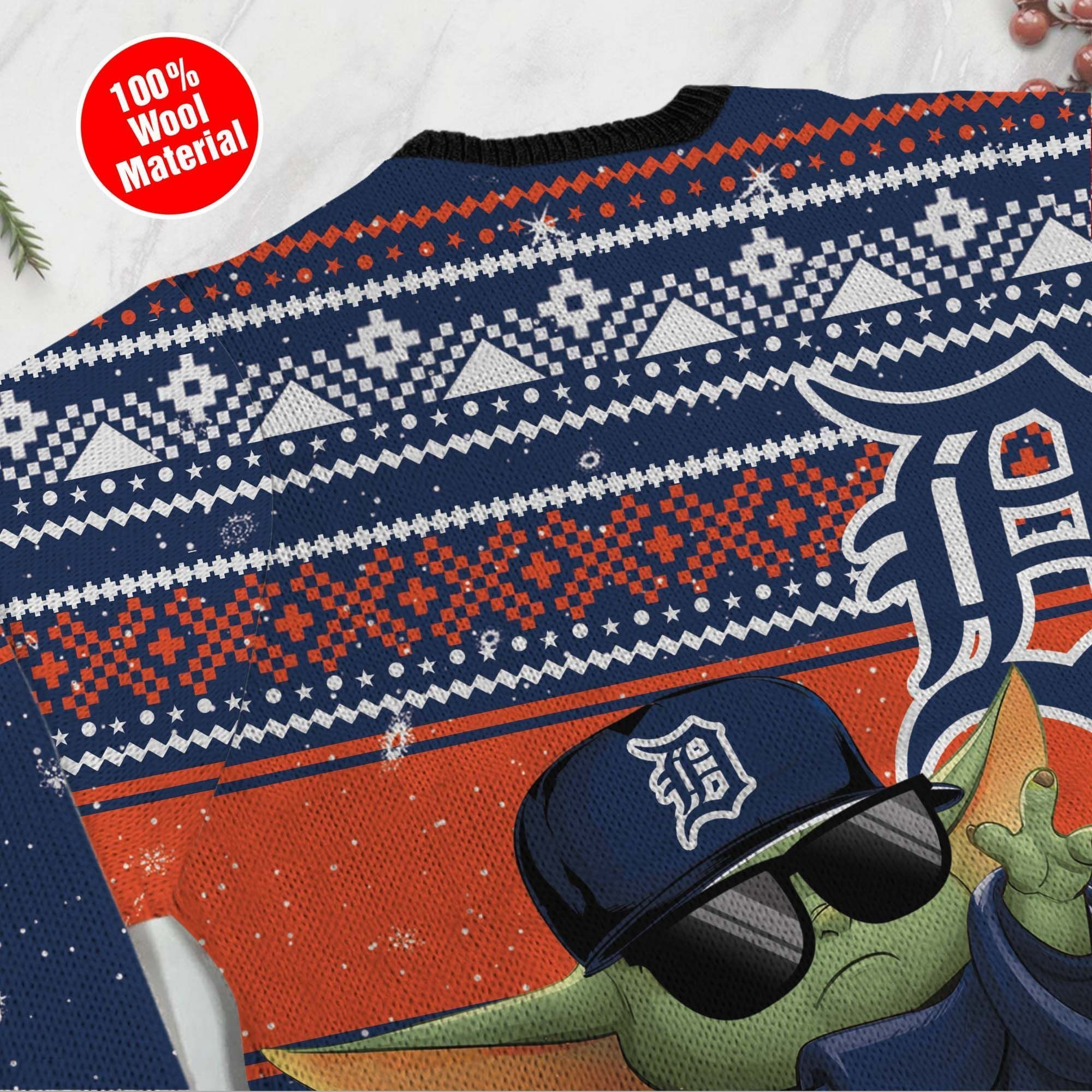 Detroit Tigers Grogu Baby Yoda Hug Logo Ugly Christmas Sweater Adult 3D Funny Matching for family - Image 5