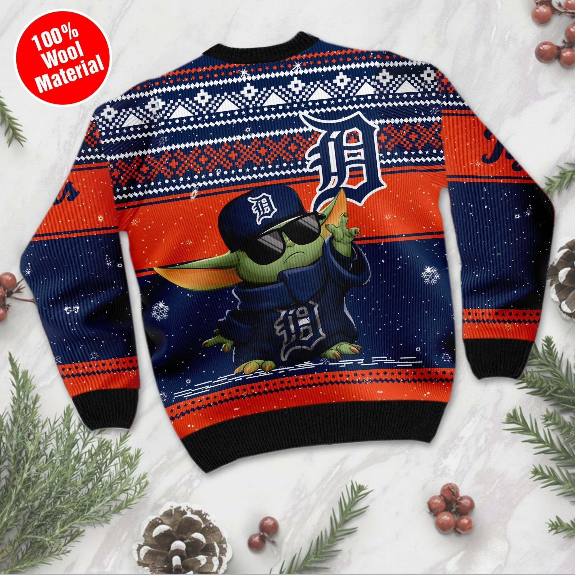 Detroit Tigers Grogu Baby Yoda Hug Logo Ugly Christmas Sweater Adult 3D Funny Matching for family - Image 3
