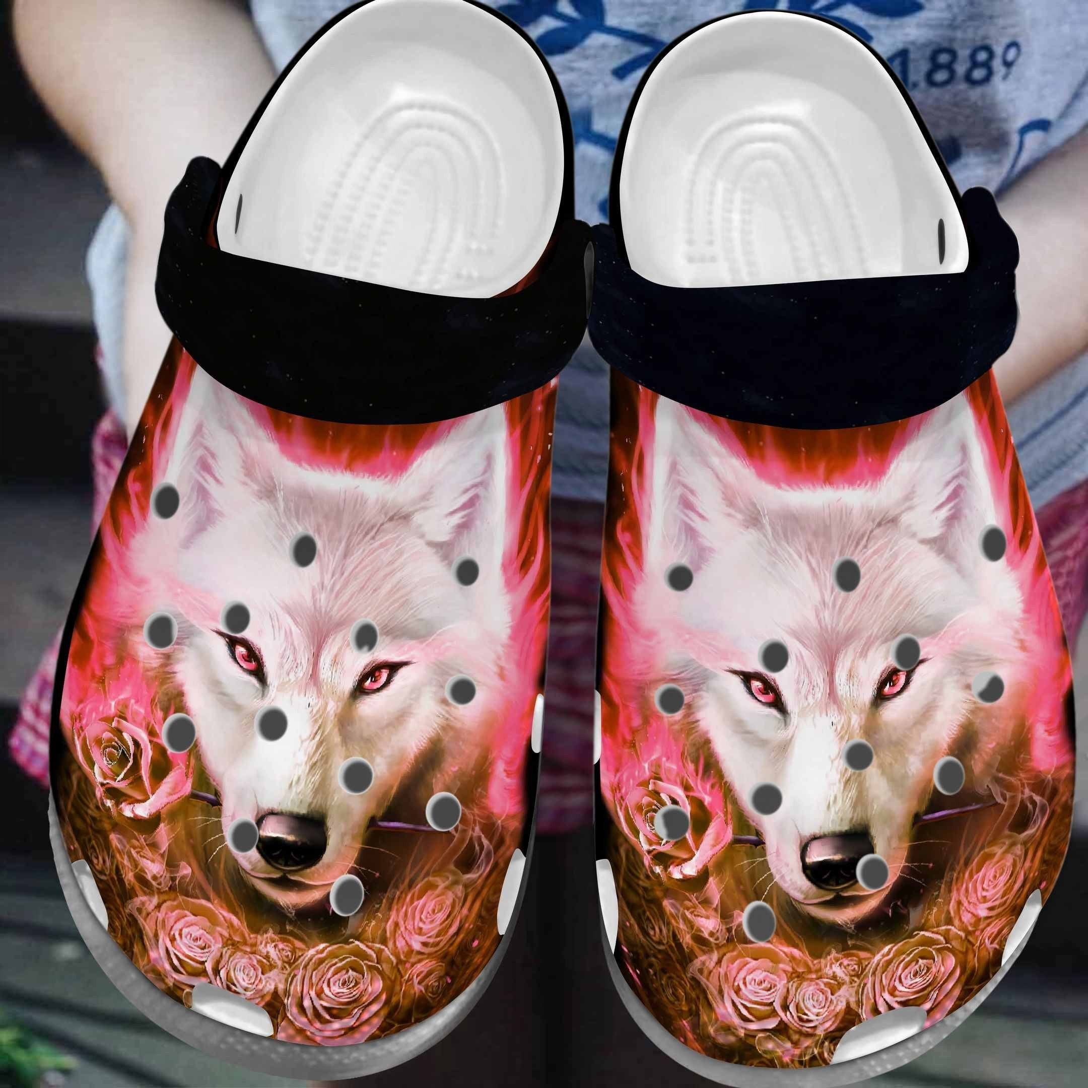 Diamond Wolf And Roses Shoes Clog Gifts For Birthday