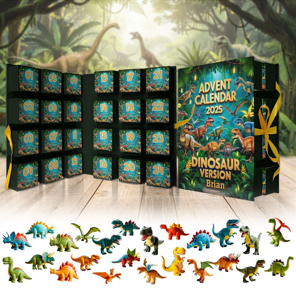 Dinasaur Advent Calender - Personalized Kid Folded Advent Calendar With Ornaments