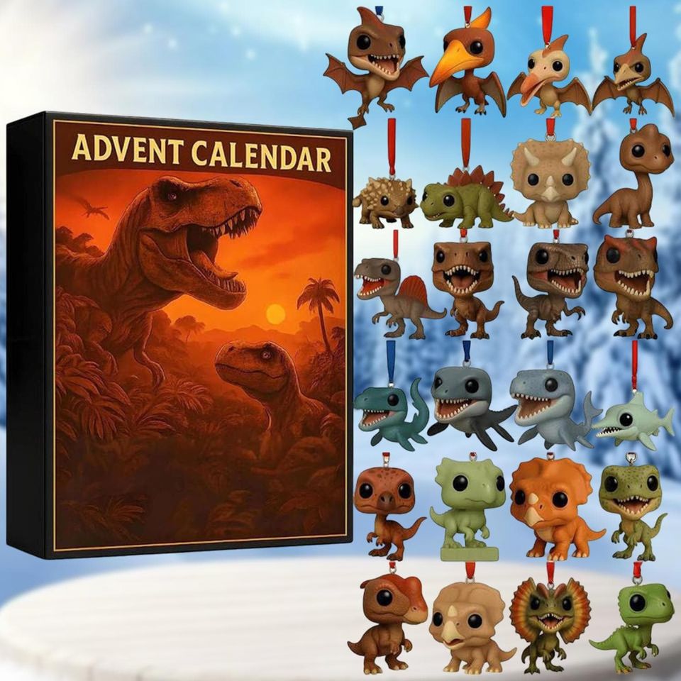 Dinosaur Advent Calendar 2025, 24-Day Christmas Countdown Box, Cute Dino Figurine Gift Acrylic Ornament 2D Flat